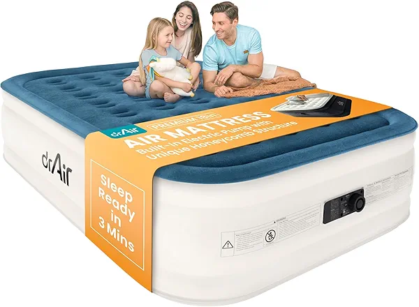 Dr. air Queen Air Mattress, 18” Raised Inflatable Bed with Built-in Pump, Waterproof Velvety Top, Ergonomic Design, Reinforced Support, and Carry Bag for Home, Camping, and Guests