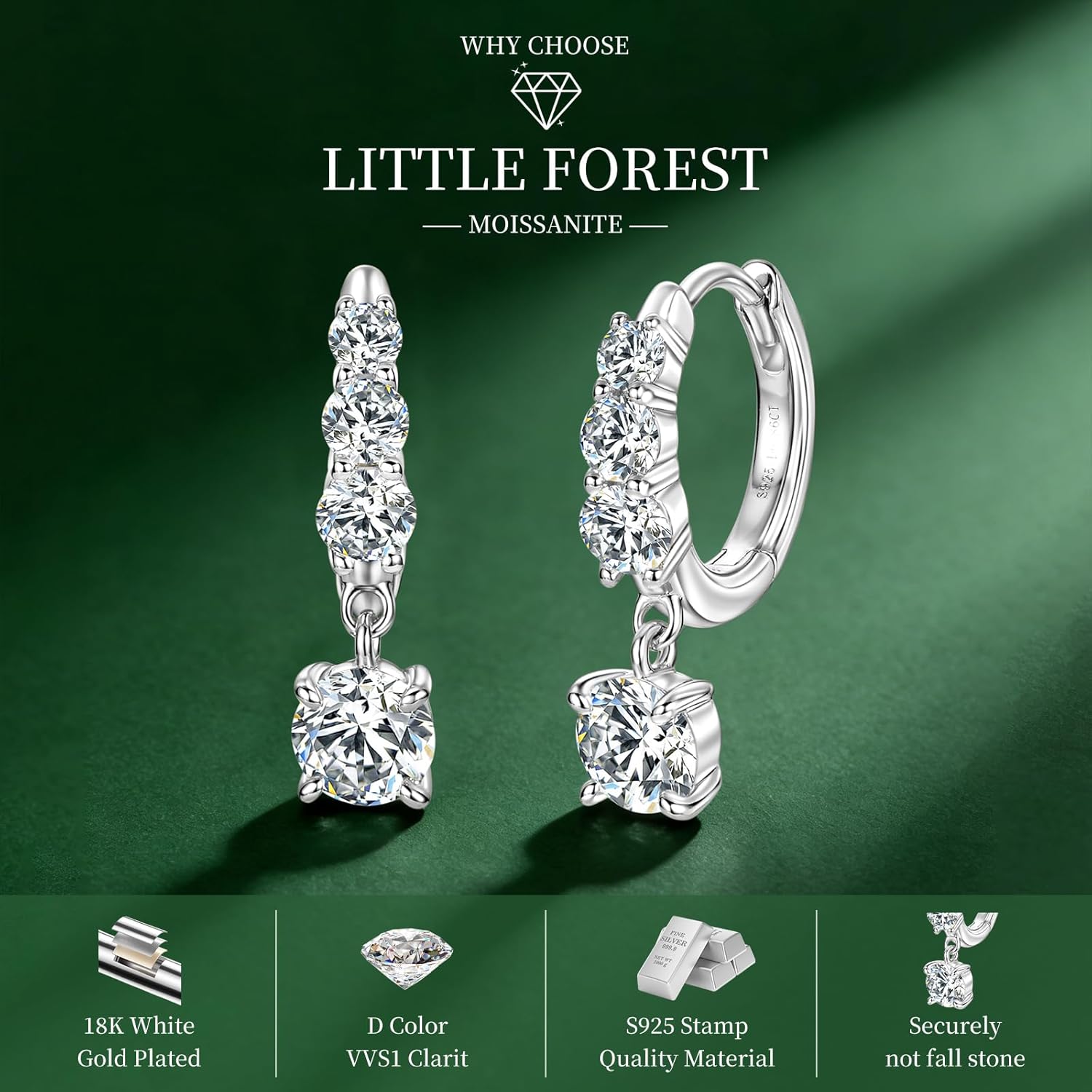 Moissanite Huggie Earrings for Women, Hypoallergenic Earring 925 Sterling Silver Dangle Earrings for Women Small Hoop Earrings Cartilage Earrings for Women Christmas Jewelry Gifts for Her