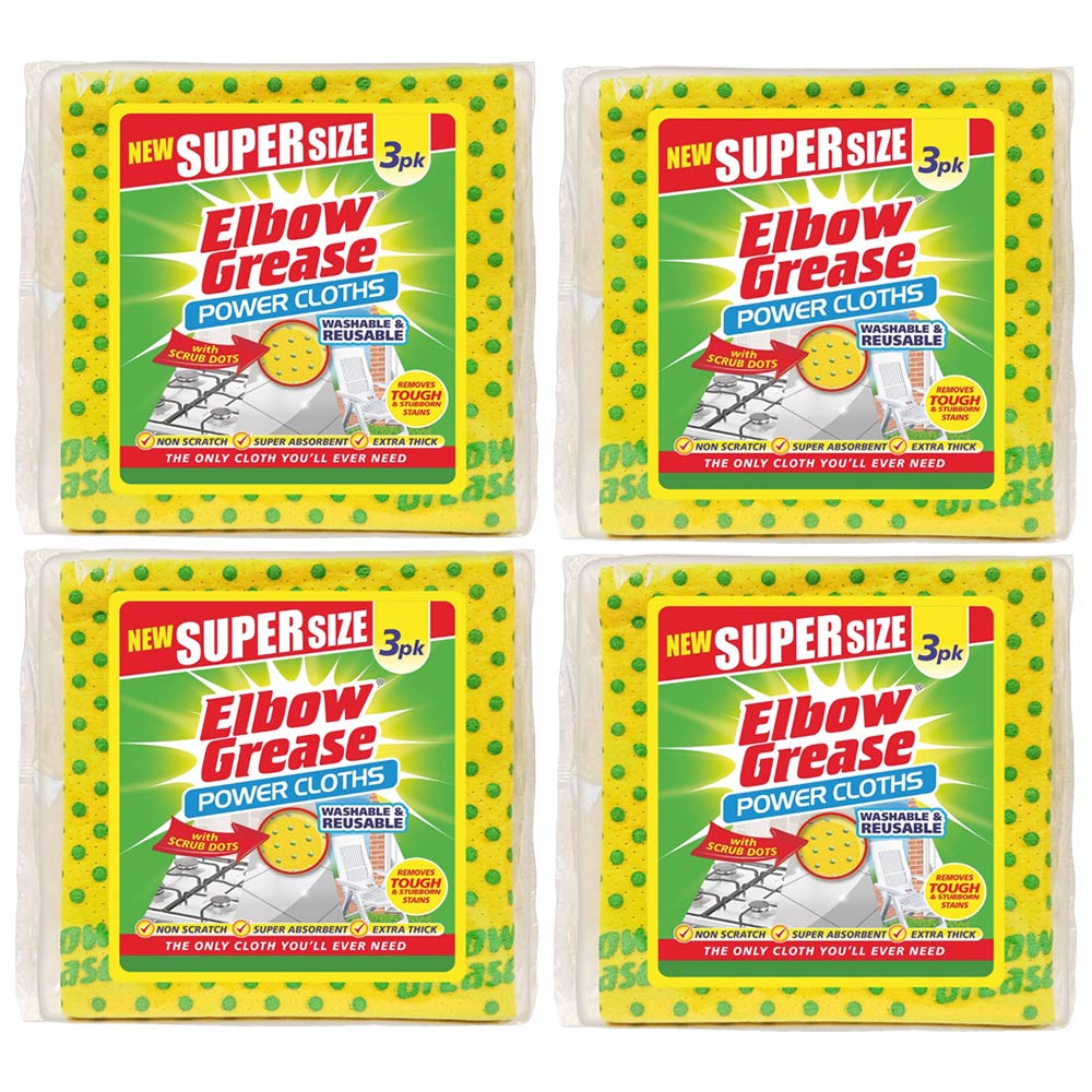 Elbow Grease Power Cloths 3 Pack Super Absorbent Extra Thick With Scrub Dots (4 Packs / 12 Cloths)