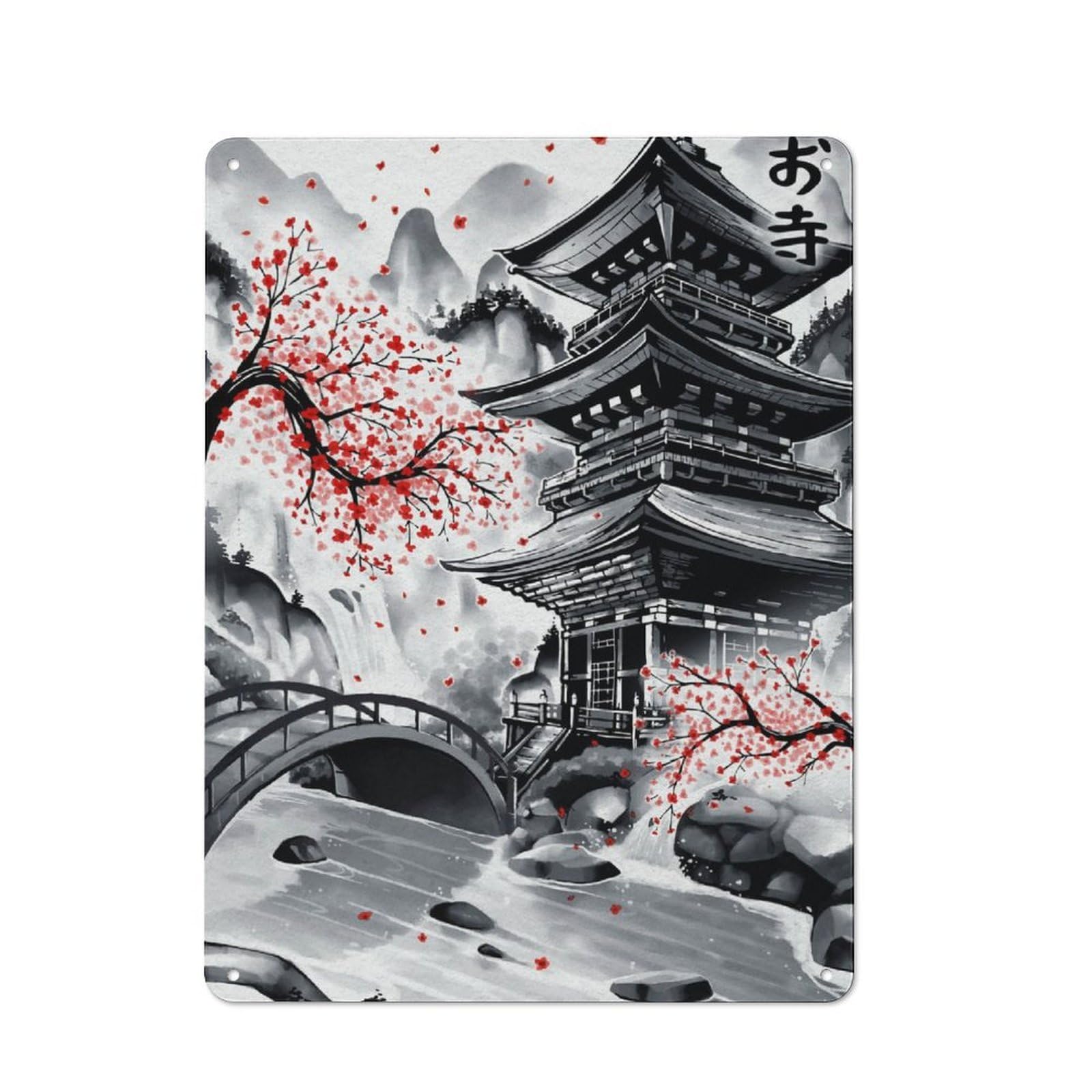 Junmoney Japanese Temple Ink Wash Industrial-Style Metal Plaque 40X30cm For Hallway Wall, A Winter Wall Decor Update For Hallway Decor Lovers