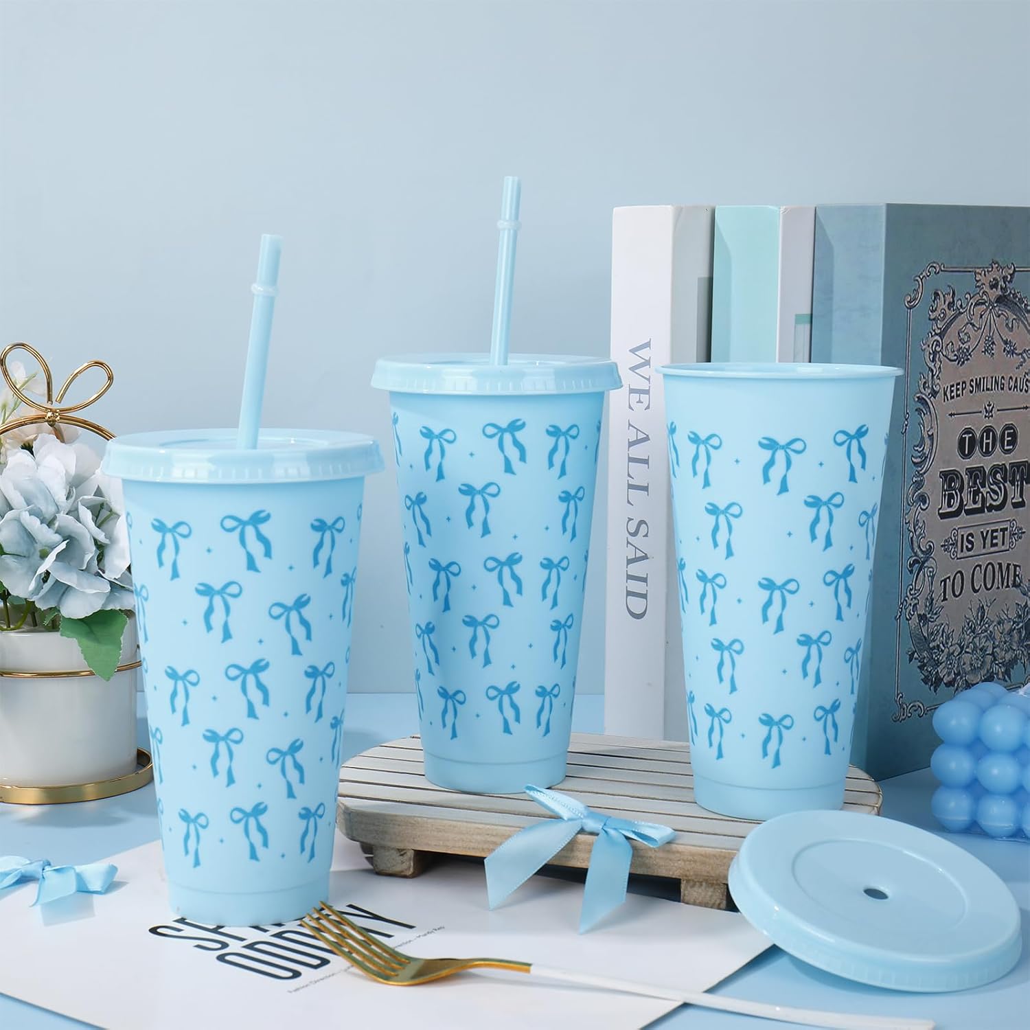 JarThenaAMCS 12Pcs Blue Bow Plastic Cups with Straw and Lid 24oz Ribbon Bow Tumbler Blue Coquette Cold Cups for Xmas Winter Cold Drinks Home Office Party Decoration - Image 4