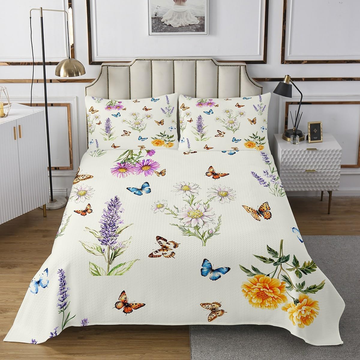 Homewish Colorful Flower Bedspread Twin Size,Buttefly Comforter Set 2Pcs Daisy Floral Lavender Bedding Sets for Kids Girls Woman Teens Room Decor,Watercolor Animals Plants Coverlet Set,1 Pillowcase