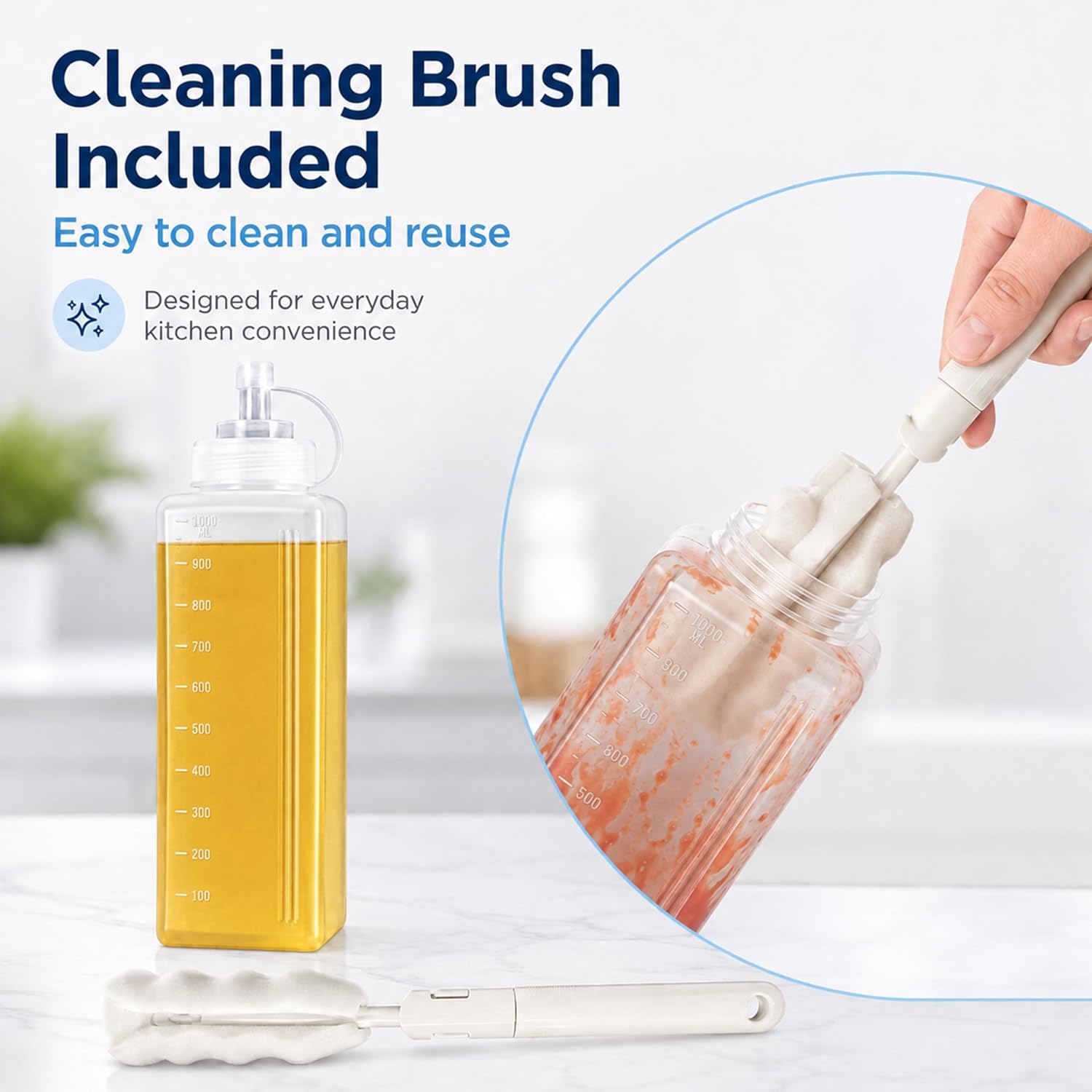1 Quart Large Squeeze Bottle for Sauces, 34 oz Wide Mouth Condiment Squeeze Bottles, Plastic Squirt Bottles with Labels, Cleaning Brush & Leak-Proof Lids for BBQ, Oil, Mayo, Salsa & Cold Foam