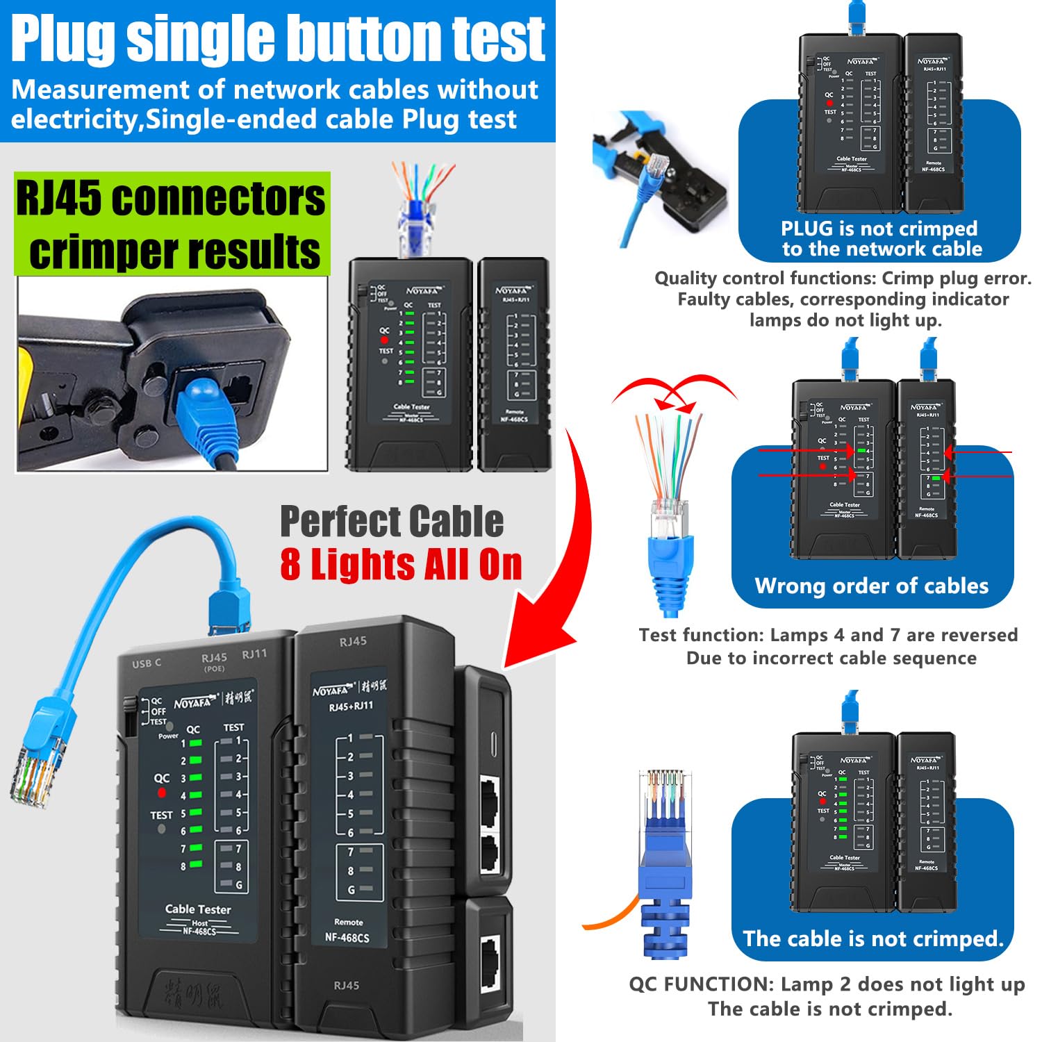 NF-468CS Testeur de câble réseau Ethernet pour câbles RJ45 RJ11 RJ12 POE/Cat5 Cat5e Cat6 Cat6a Cat7 UTP/Shield Câbles LAN Outil de test de câble de vérification de connexion LAN (qualité