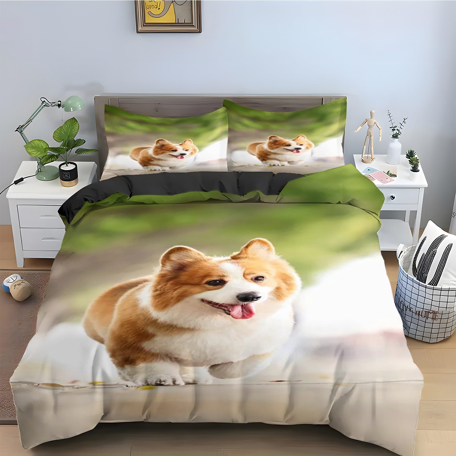 Parure de lit Corgi imprimée avec fermeture éclair invisible et tissu microfibre