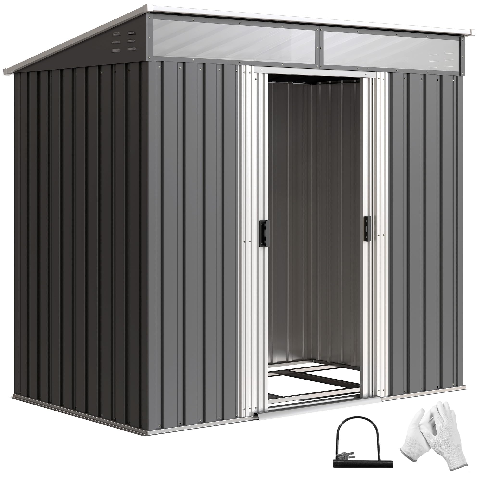 Outsunny Cobertizo de Jardín Exterior 2 m² 195x122x181,​5 cm Caseta de Jardín Exterior Metálica con Base SIN Suelo 2 Puertas Correderas Ventanas y Ganchos para Herramientas Gris Oscuro