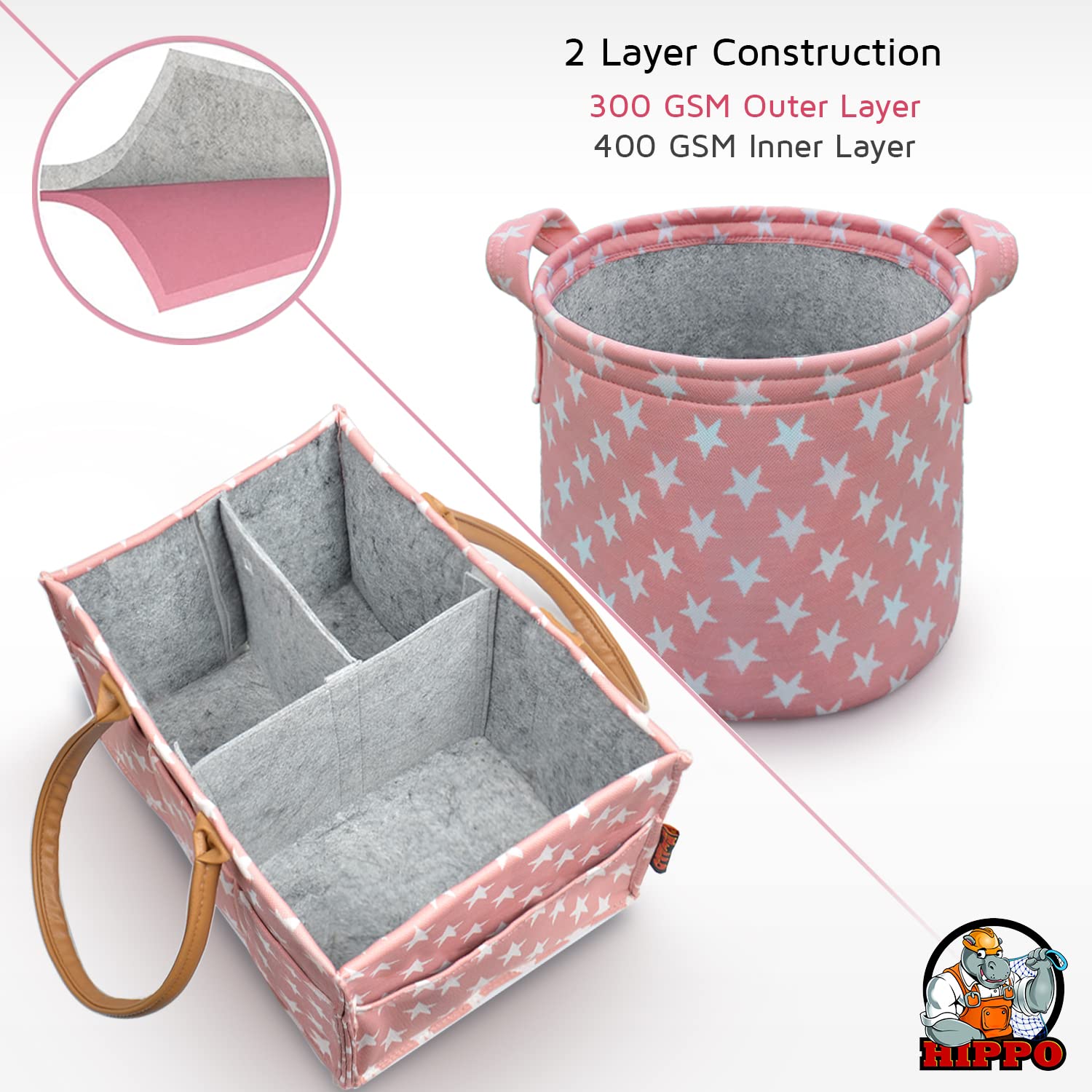 HIPPO 2IN1 Designer Polyester Diaper Caddy & Toy Bin Smart Combo for Newborn Babies Unbreakable Toy Bins Foldable Diaper Bag Large Capacity (Pink-Star, 1) - Image 4 thumbnail