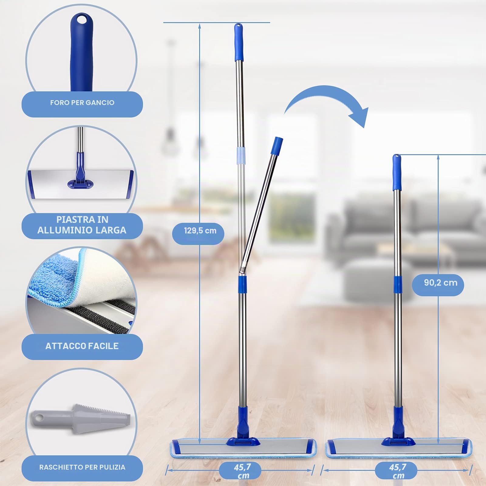 Conliwell - Mocio professionale in microfibra da 45,7 cm, 4 panni riutilizzabili e lavabili, con manico in acciaio inossidabile, sistema di pulizia dei pavimenti, per pulizia di legno duro, vinile,