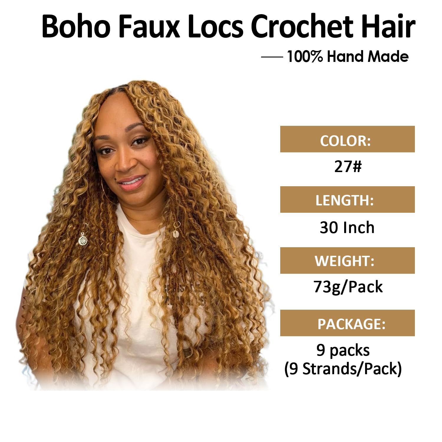 9 packs Boho Faux Locs Crochet Hair, 30 Inch, Honey Blonde Pre Looped Goddess Soft Locs Crochet Hair with Curly Ends, Bohemian River Locs for Black Women(27#, 30 Inch)