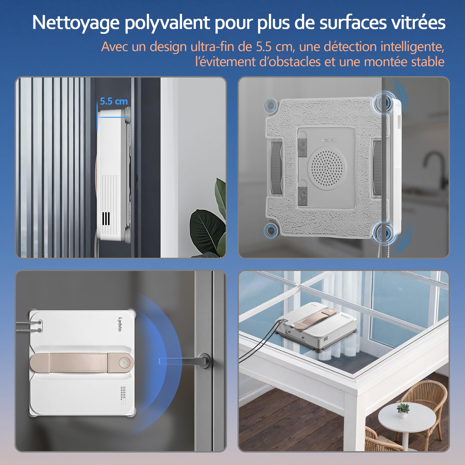 Lydsto WL07 Max Robot Nettoyeur de Vitres, Robot Laveur Vitre avec Buses à 4 Pulvérisation Ultrasonore, 8000Pa, Ultra-Plat 5.5cm, Réservoir de 110 ML, Navigation Intelligente, 2 Chiffons