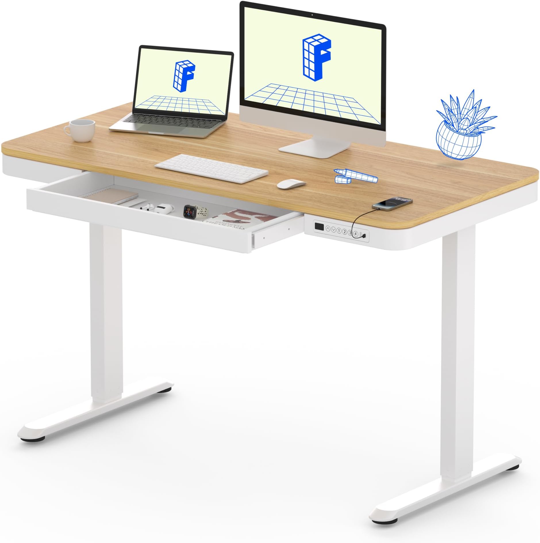 Comhar Electric Standing Desk with Drawers Charging USB Port, Height Adjustable 48" Whole-Piece Quick Install Home Office Computer Laptop Table with Storage (Maple Top + White Frame)
