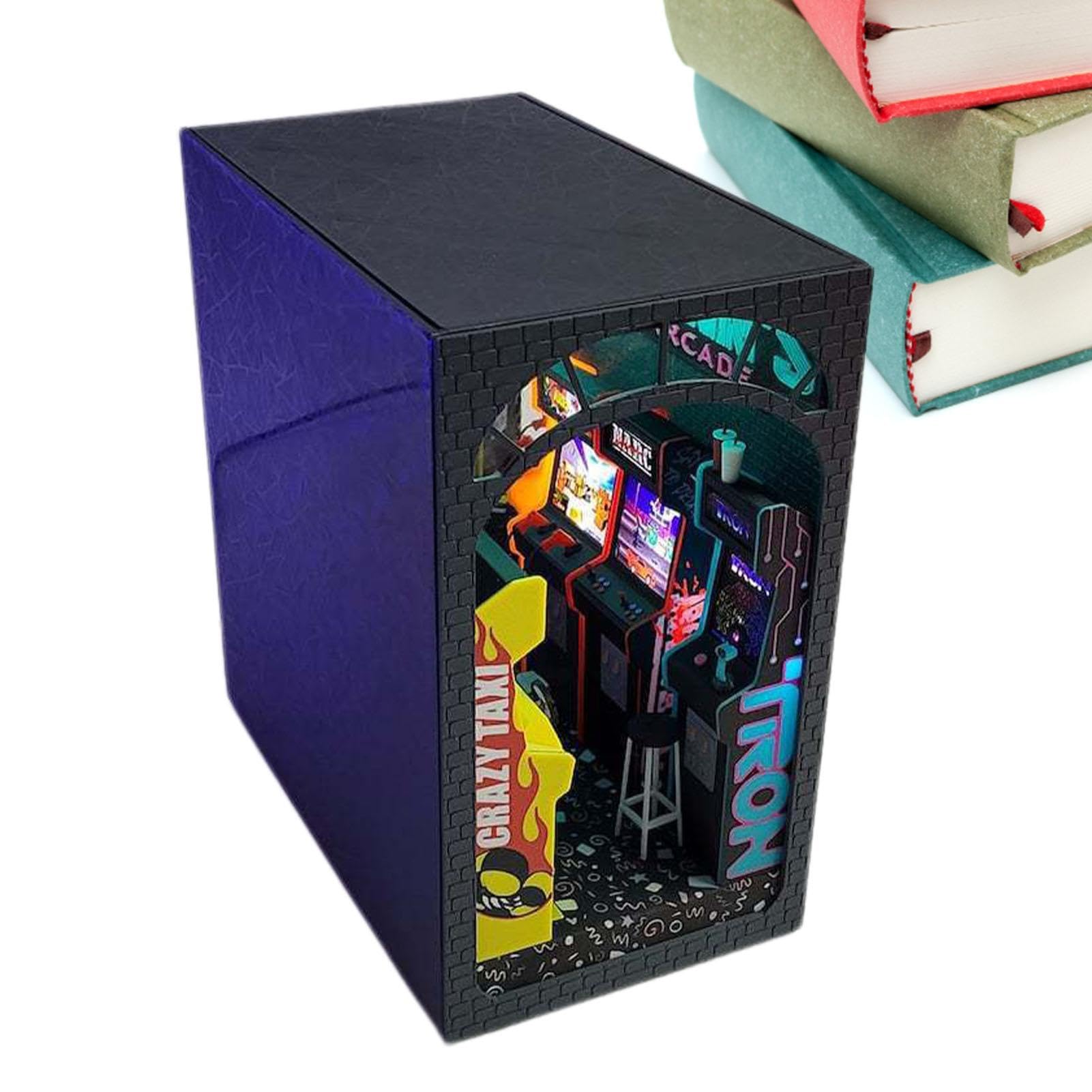 Smileshiney Rincón de Libros de Videojuegos Arcade,Rincón de Libros temáticos de Arcade | Kit de sujetalibros de Rompecabezas de Madera 3D,Arcade Book Nook Booknook con luz LED, Rompecabezas de
