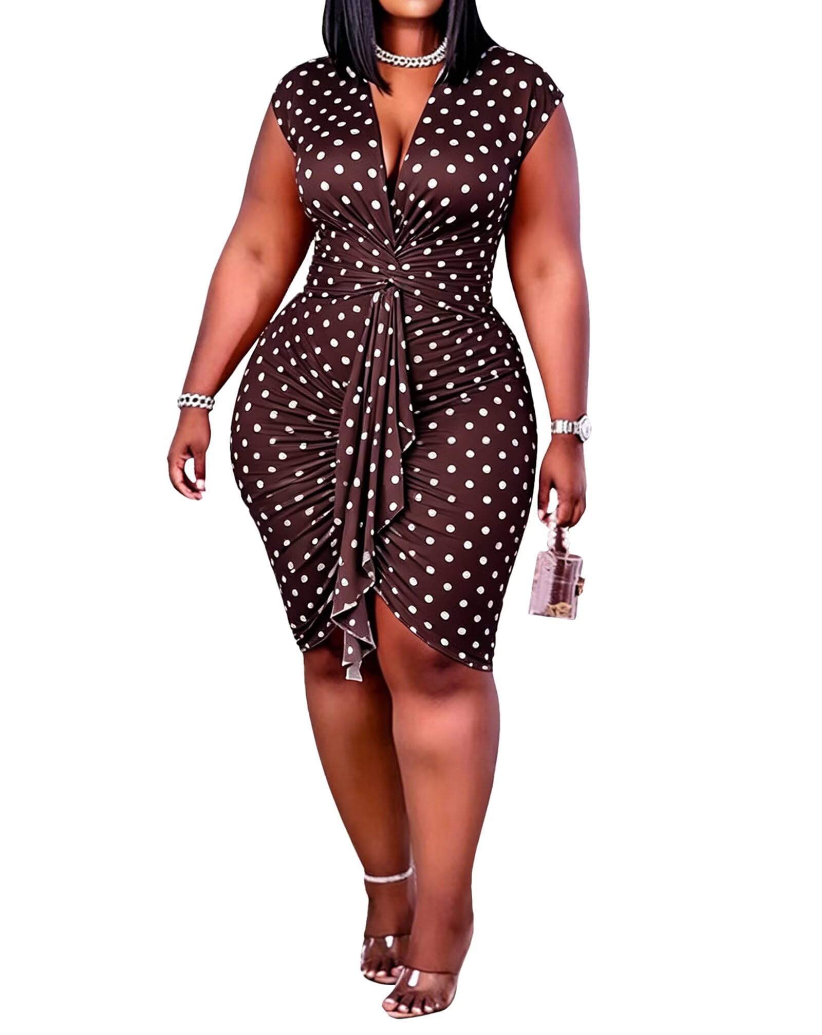 IyMoo Women's Sexy Plus Size Bodycon Drawstring Ruched Mini Club Dress