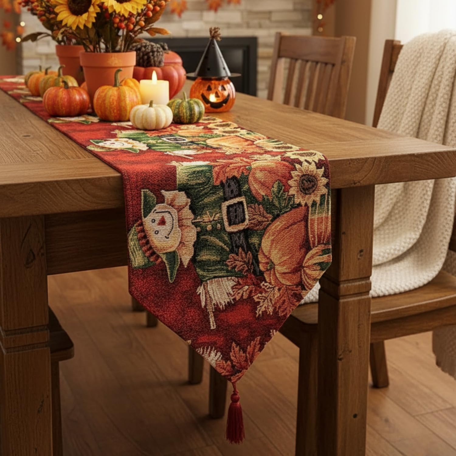 Tache Fall Table Runners 90 inches Long Pumpkin Patch Scarecrow Thanksgiving Autumn Leaves Vintage Farm Harvest Colorful Decorative Woven Long Kitchen Dining Tapestry Fall Table Runner 13x90