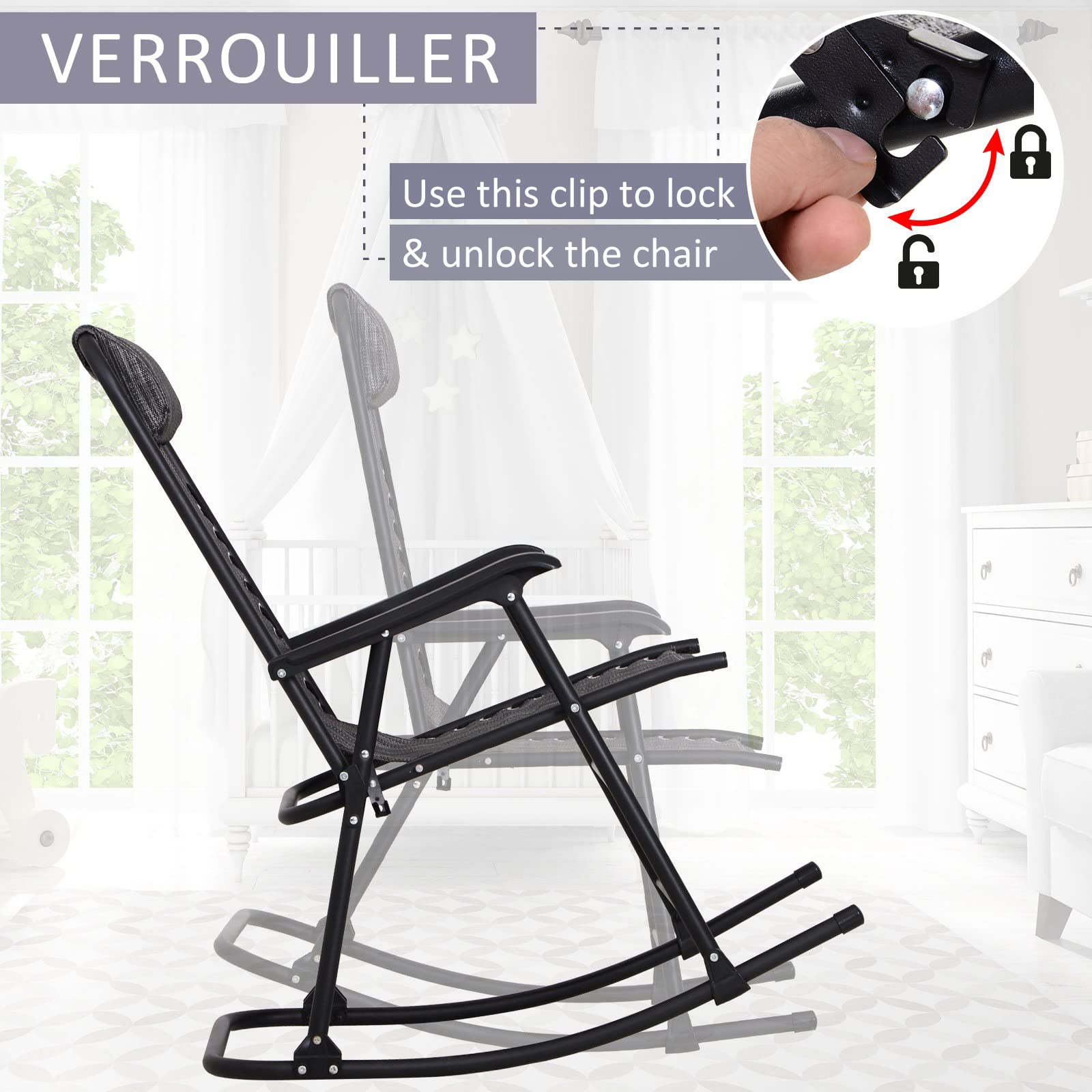 Outsunny Fauteuil à Bascule Rocking Chair Pliable de Jardin dim. 94L x 64l x 110H cm Acier époxy textilène Gris chiné