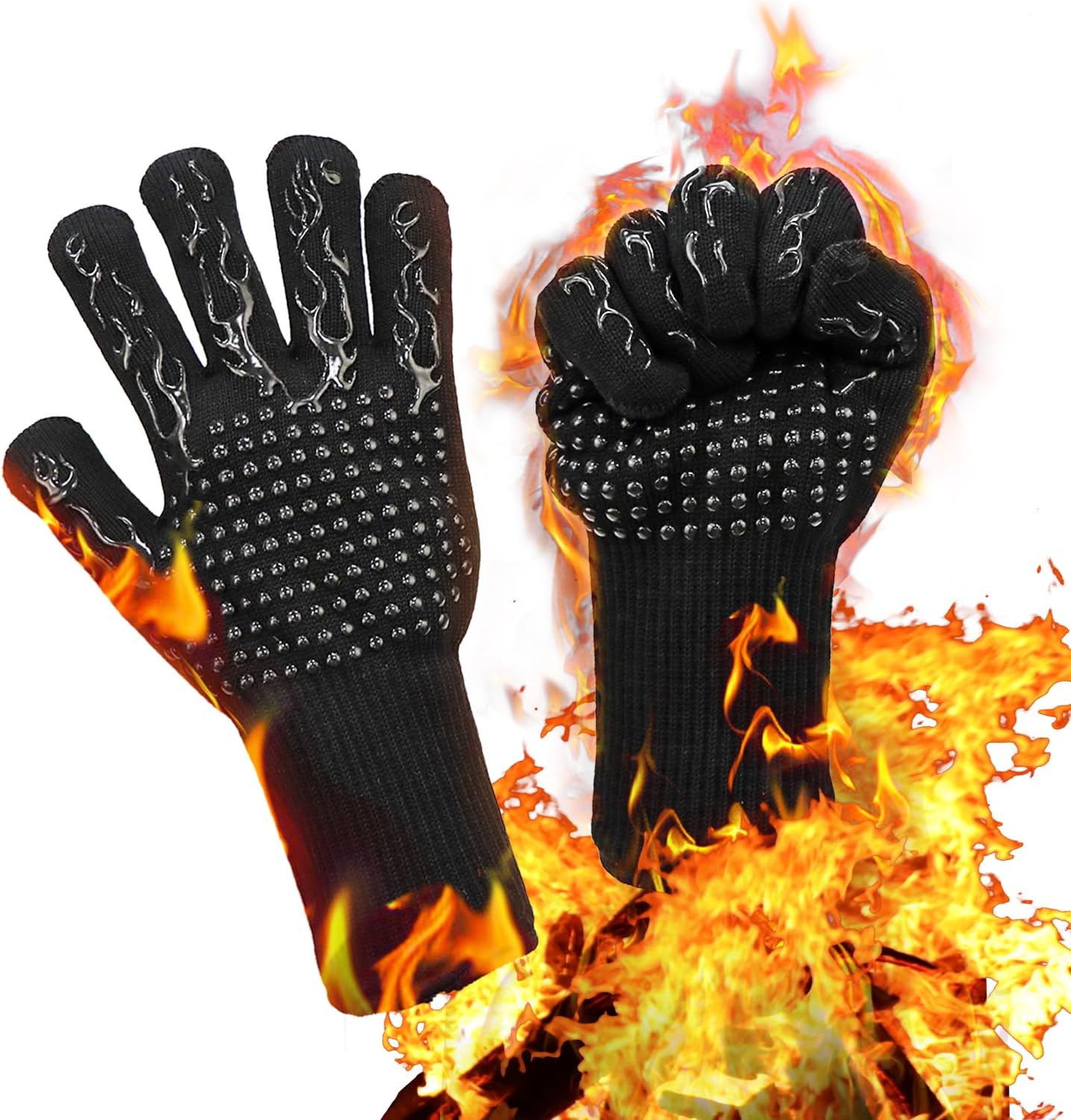 BBQ Gloves Heat Resistant Gloves, 800°C/1472°F Heat Proof Oven Gloves with Fingers, Long Wrist Protect, Non-Slip Silicone, for Cooking, Baking, Barbecue, Kitchen, Welding, Repair - Black