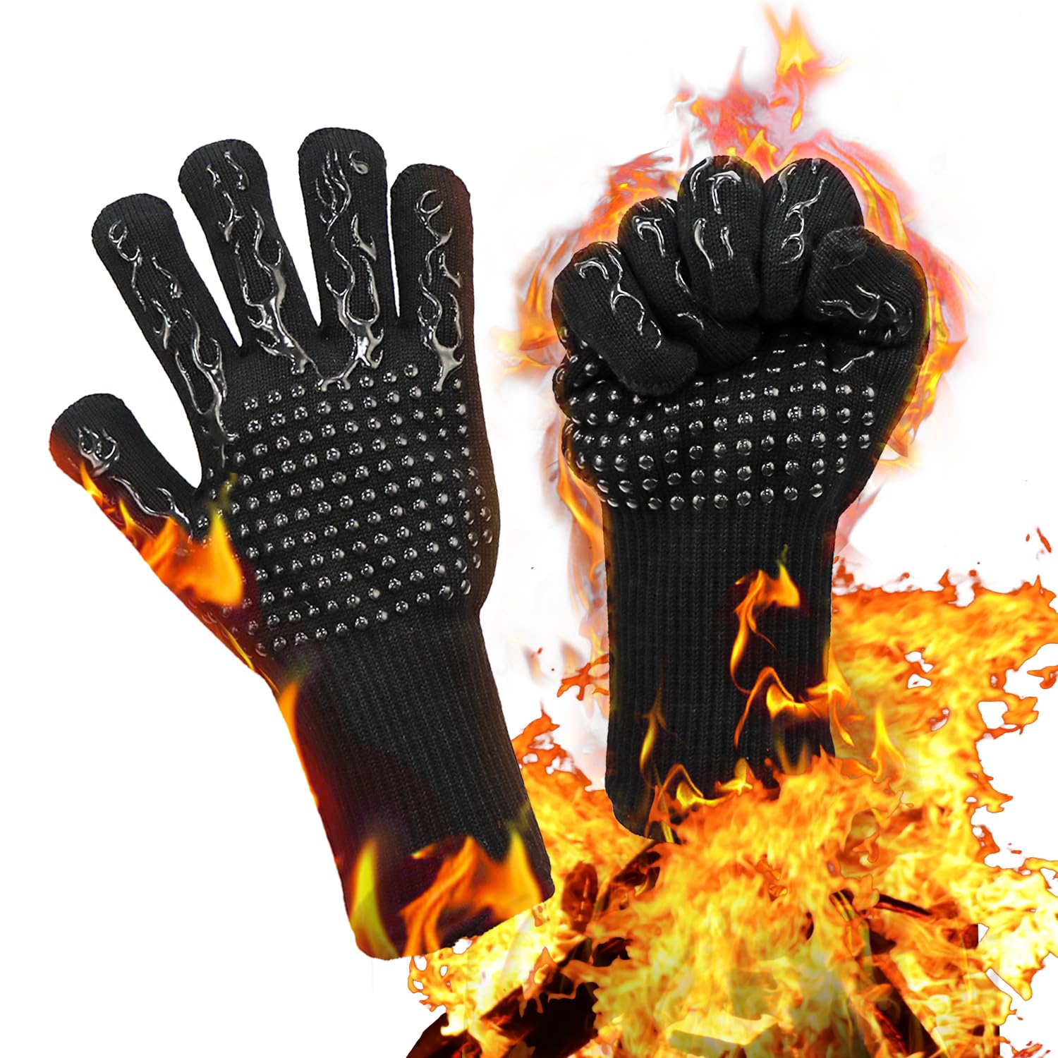 BBQ Gloves Heat Resistant Gloves, 800°C/1472°F Heat Proof Oven Gloves with Fingers, Long Wrist Protect, Non-Slip Silicone, for Cooking, Baking, Barbecue, Kitchen, Welding, Repair - Black