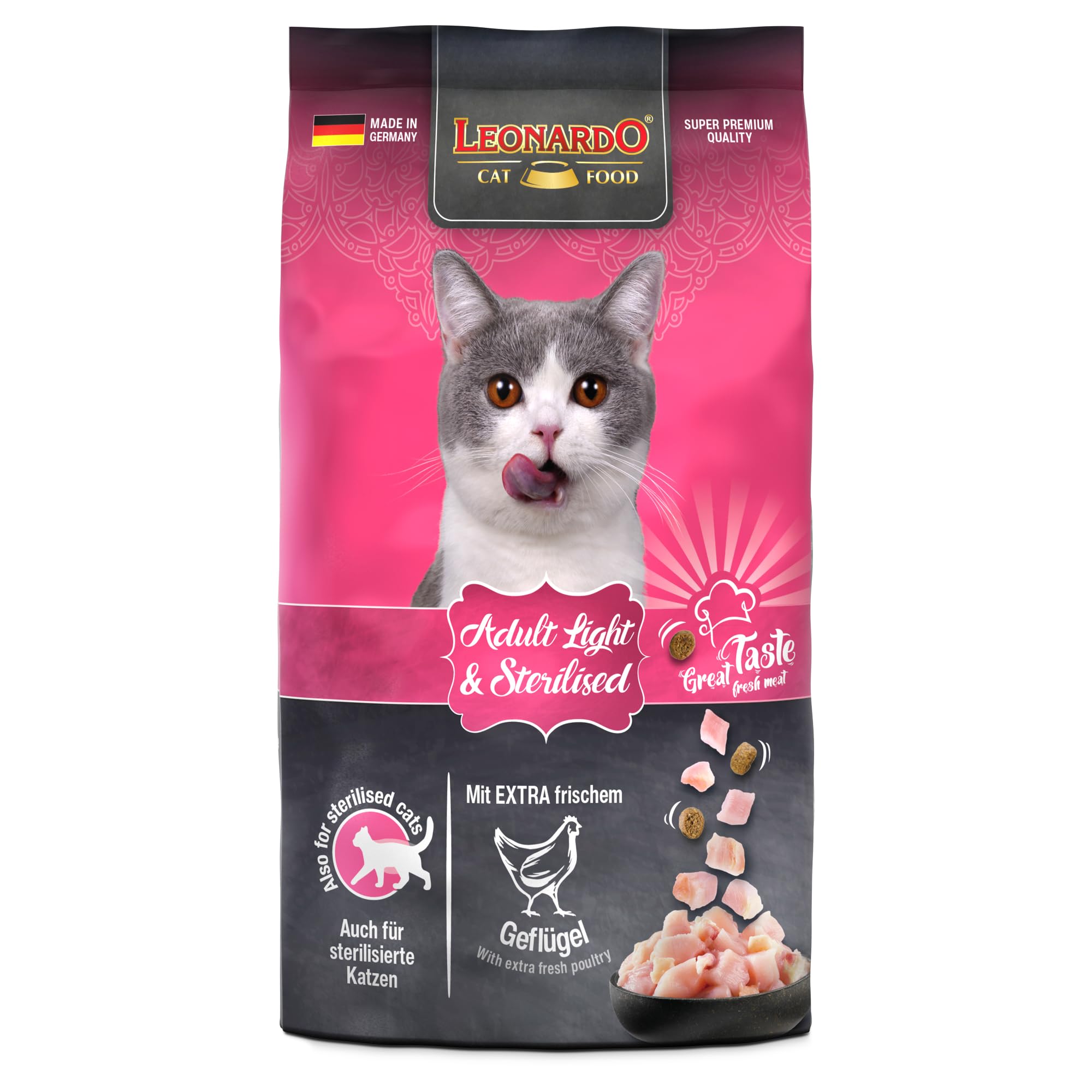 LEONARDO Adult Light & Sterilised für Katzen, 300g, kalorienreduziert mit frischem Geflügel, Alleinfutter, Made in Germany