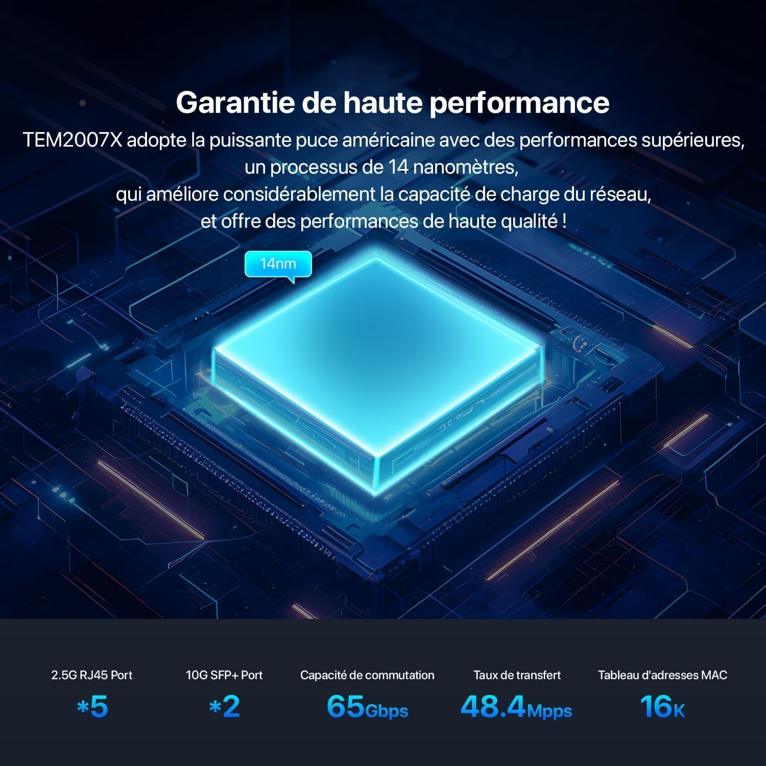 Tenda TEM2007X Switch 2.5G 5 Ports (2 SFP+ 10G, Non Géré) | Switch Ethernet 2.5G 5 ports + 2 SFP+ 10G, VLAN, agrégation statique, plug & play, métal, noir