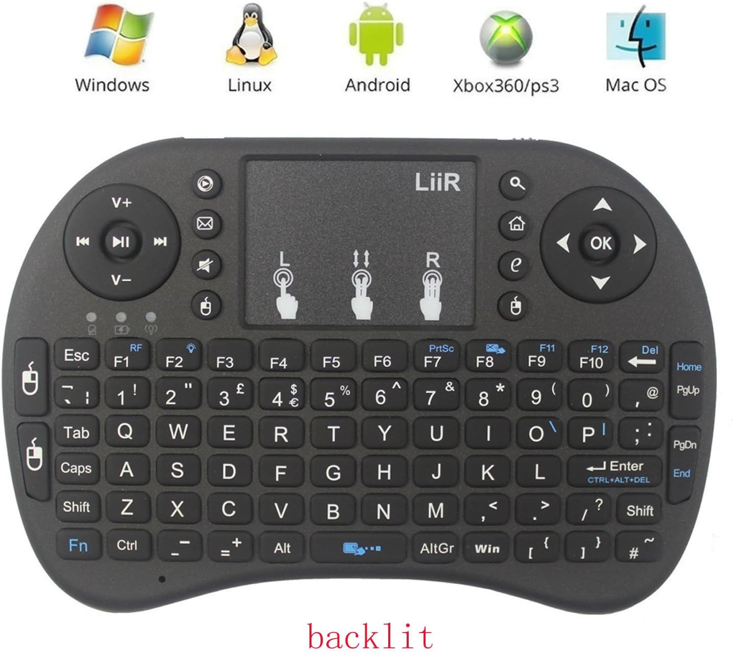 LIIR 2.4GHz Wireless Mini LED Backlit Keyboard with Touchpad Mouse for Raspberry Pi 3 / XBMC / Android and Google Smart TV Box (BACKLIGHT)