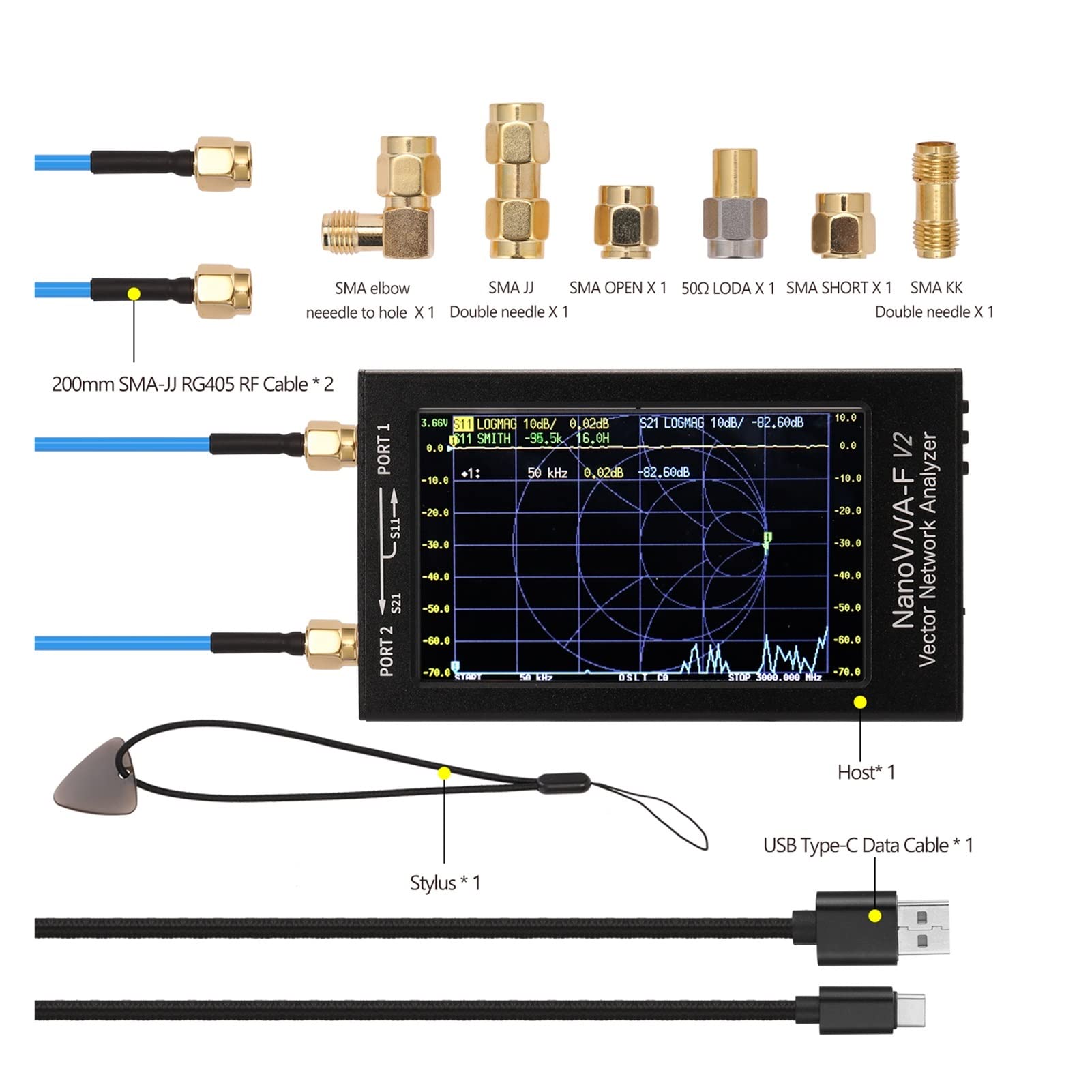 Nätverksanalysator, Analizator anteny VNA-F V2 4.3 Cal IPS LCD Wyświetlanie analizatora sieci wektorowej S-A-A-2 Analizator anteny krótka fala HF VHF UHF(2.8 Inch V2)