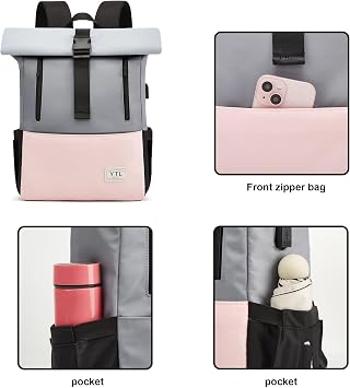 YTL Rolltop Backpack for Men and Women, Lightweight Backpack, Waterproof Bag, Cycling Backpack, Travel Backpack, School Bag, Teenager Backpack, Women, Many Compartments with 15.6 Inch Laptop