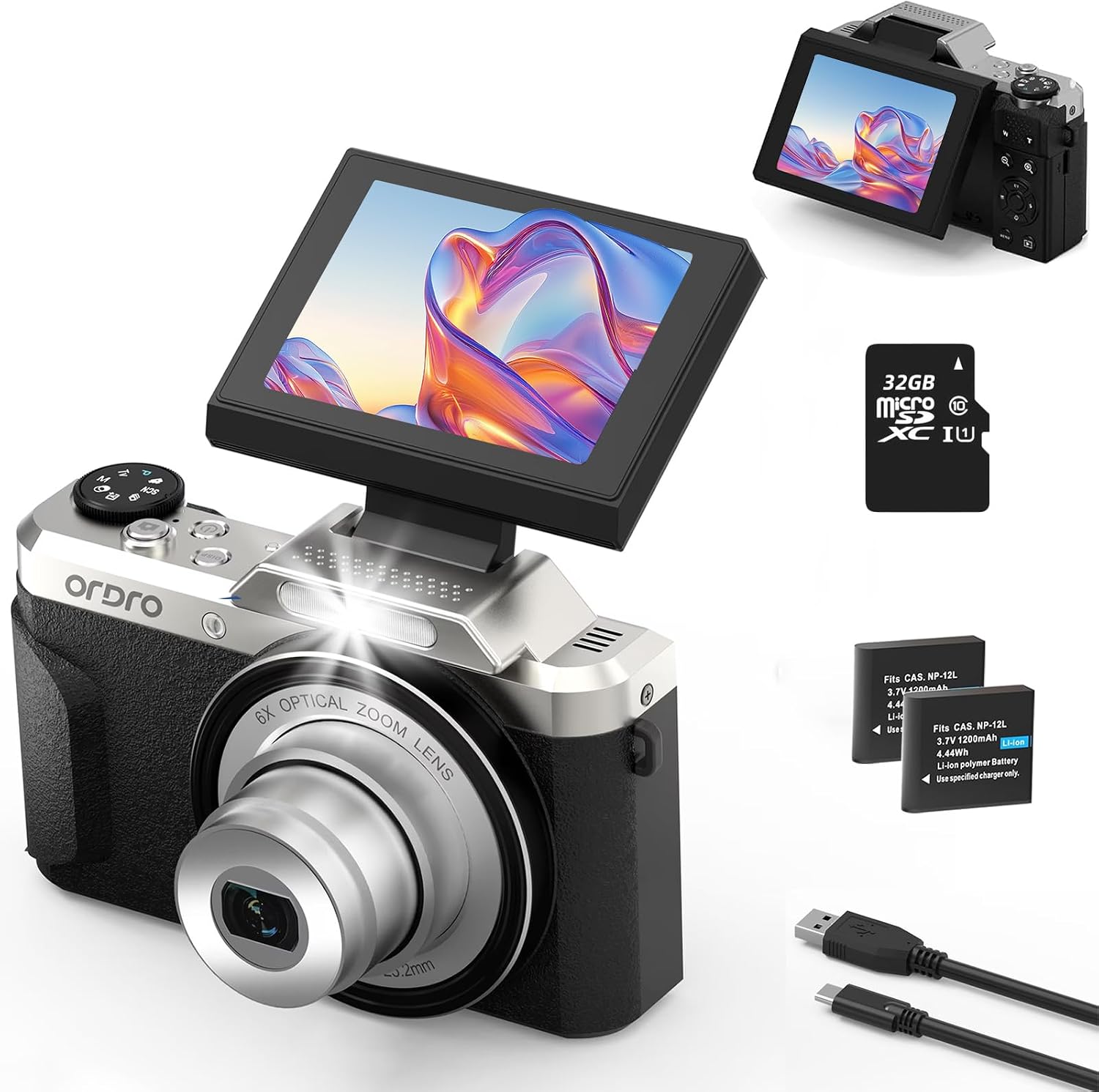 4K Digital Camera for Photography ORDRO D27, 64MP WiFi Vlogging Camera for YouTube, 6X Optical Zoom Autofocus Video Camara with 2.8" 180° Flip Screen, 32GB SD Card, 2 Batteries