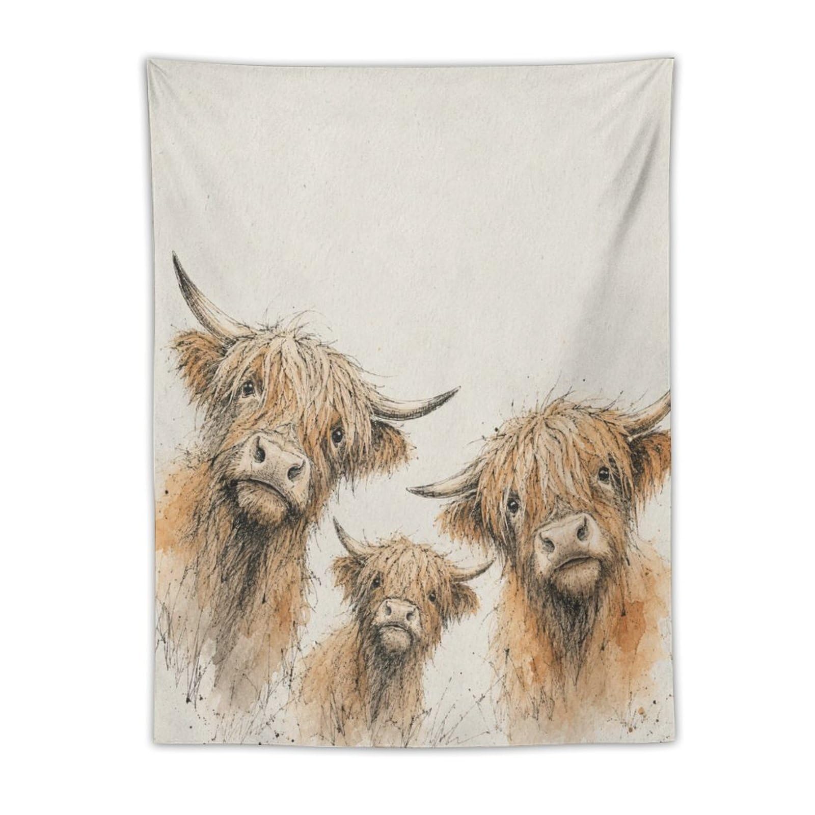 W7C8U2X3 Highland Cow Family Wall Tapestry, Watercolor, Loose Watercolor