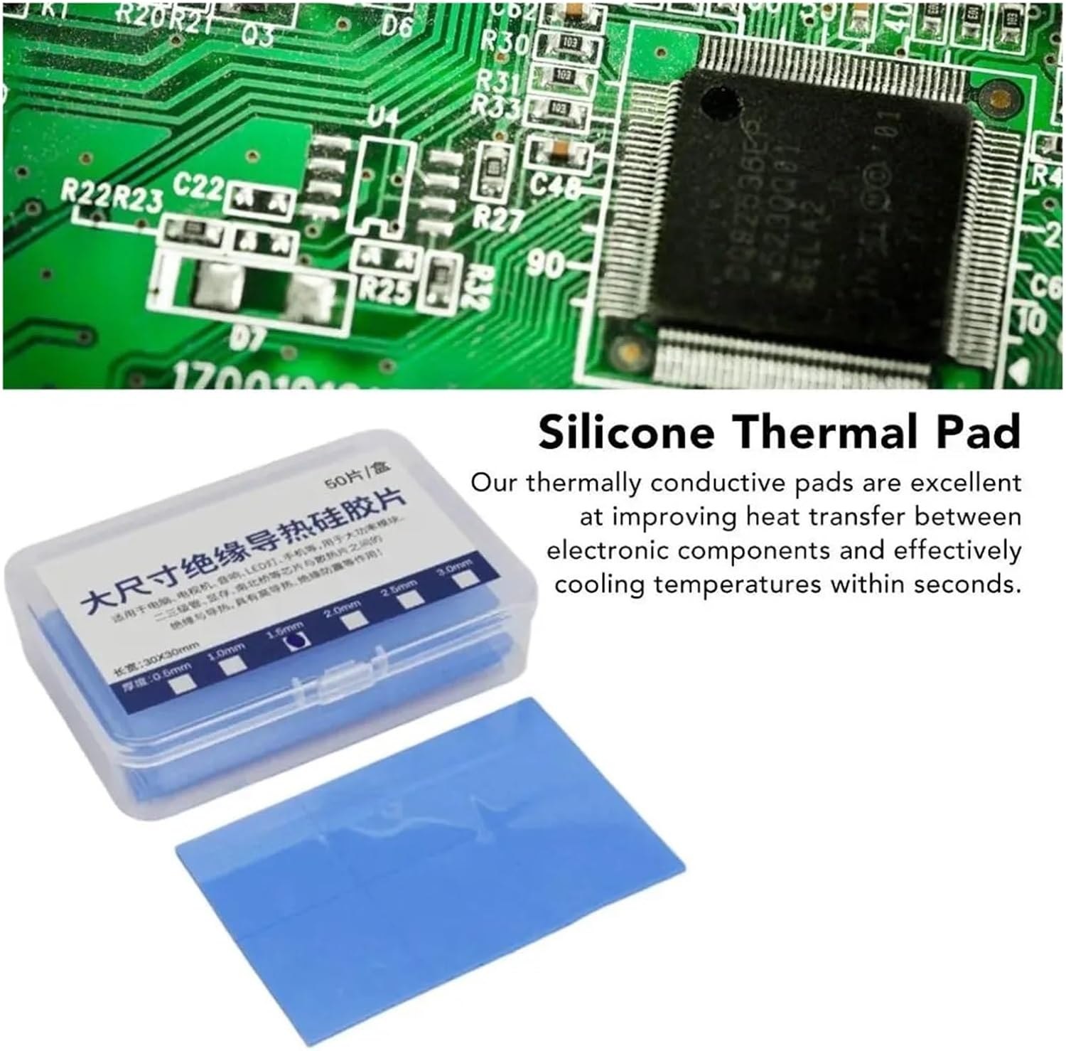 Thermal Conductive Silicone Pads 50PCS 30mm*30mm*1.5mm Heat Resistant Thermal Pad 4W/mK High Conductivity Blue Laptop Heatsink