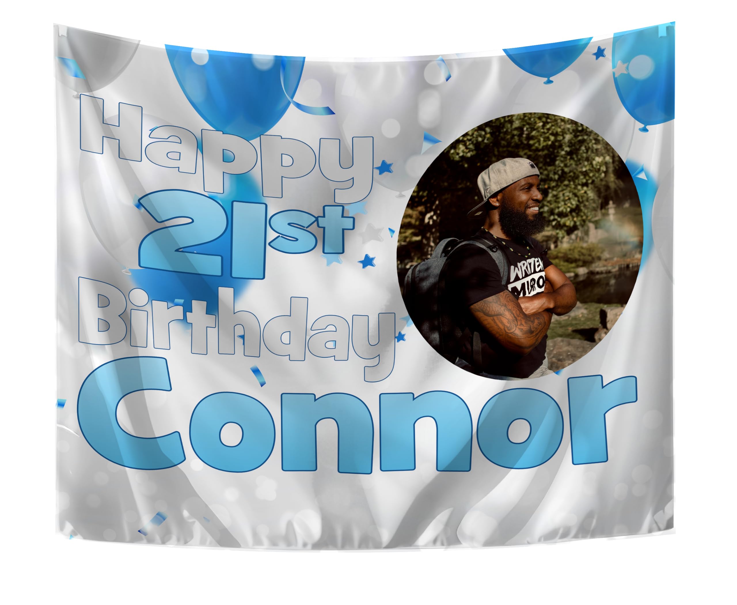 Large Personalised Birthday Backdrop with Photo Happy Birthday Banners for Men or Boys Any Age 18th 21st 50th 60th 40th 16th 70th 30th Party Decorations for Him Indoor Outdoor (Blue)