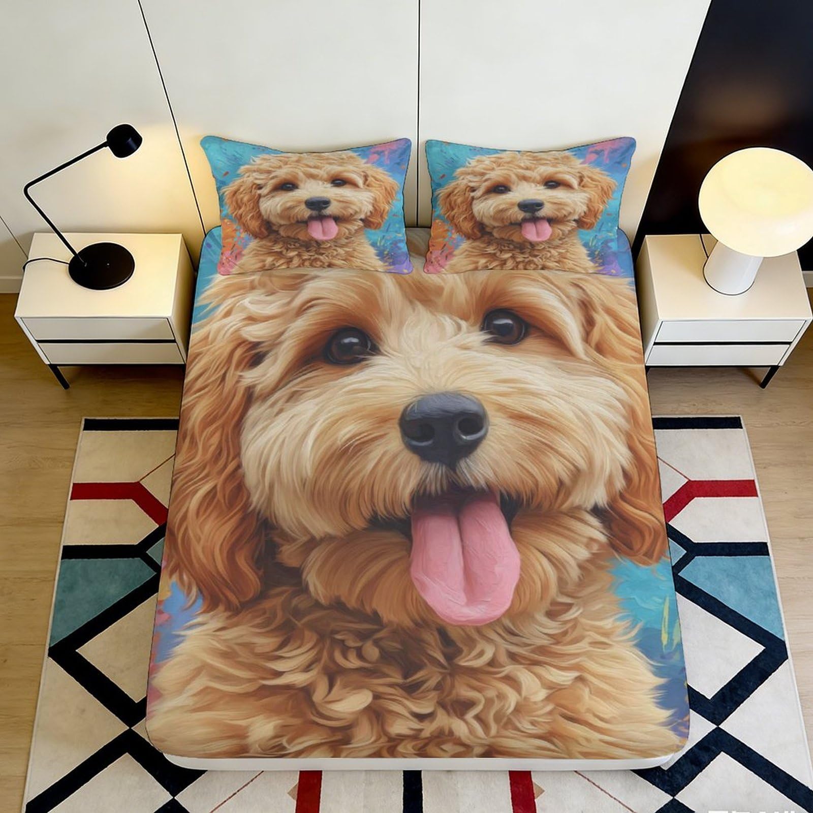 3D Printed Golden Doodle Dog Pattern Fitted Sheet Microfiber Soft Anti-Slip Bed Cover for Bedroom Guest Room Decor 90x200x25cm