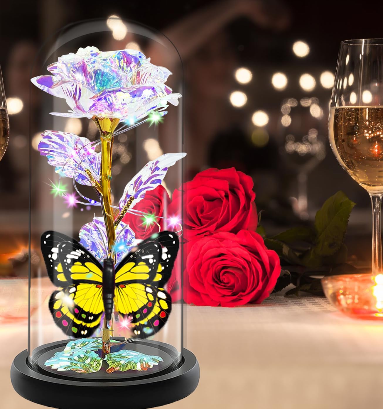 Fvawe Mothers Day Rose Gifts for Mom, Birthday Gift for Women, Galaxy Crystal Light Up Rose Flowers in A Glass Dome with Butterfly, Mother Day Flowers Gifts for Wife Daughter Grandma Sister Presents