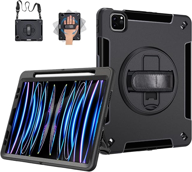 iPad Pro 11 inch Case: iPad Pro 4th/3rd/2nd Generation Case Military Grade Heavy Duty Shockproof Case for iPad 11 Pro 2022/2021/2020 with Pencil Holder - 360°Rotating Stand - Handle/Strap - Black