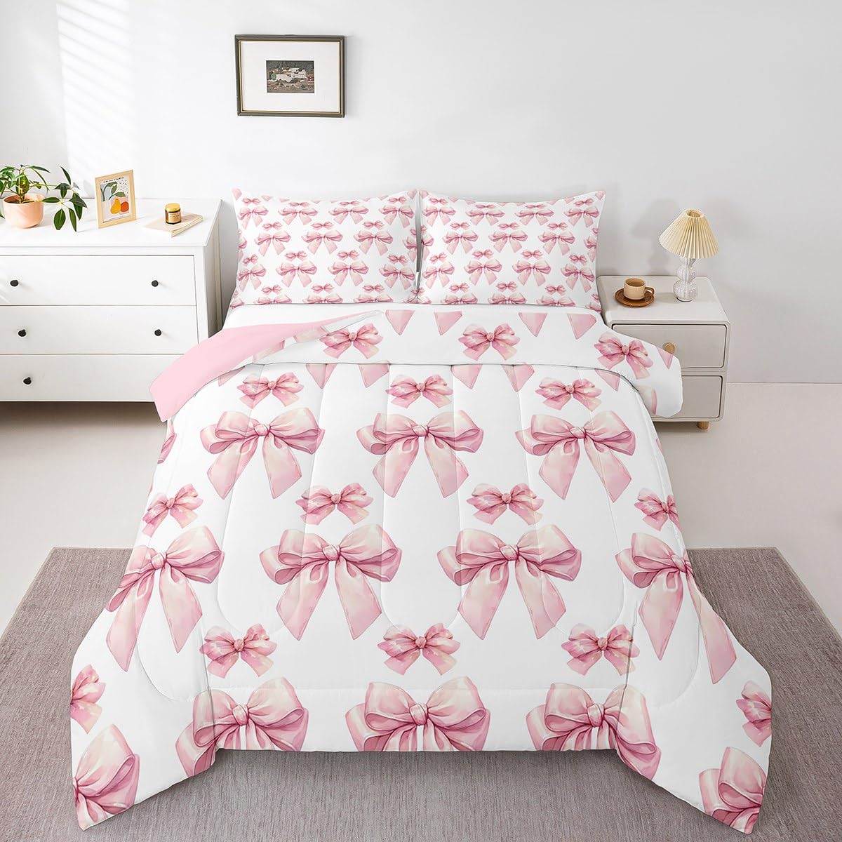 Feelyou Watercolor Bow Comforter Set Full Size Coquette Bows Bedding Set for Boys Girls Teens Bedroom Decor Cute Bowknot Comforter Bows Beige Pink