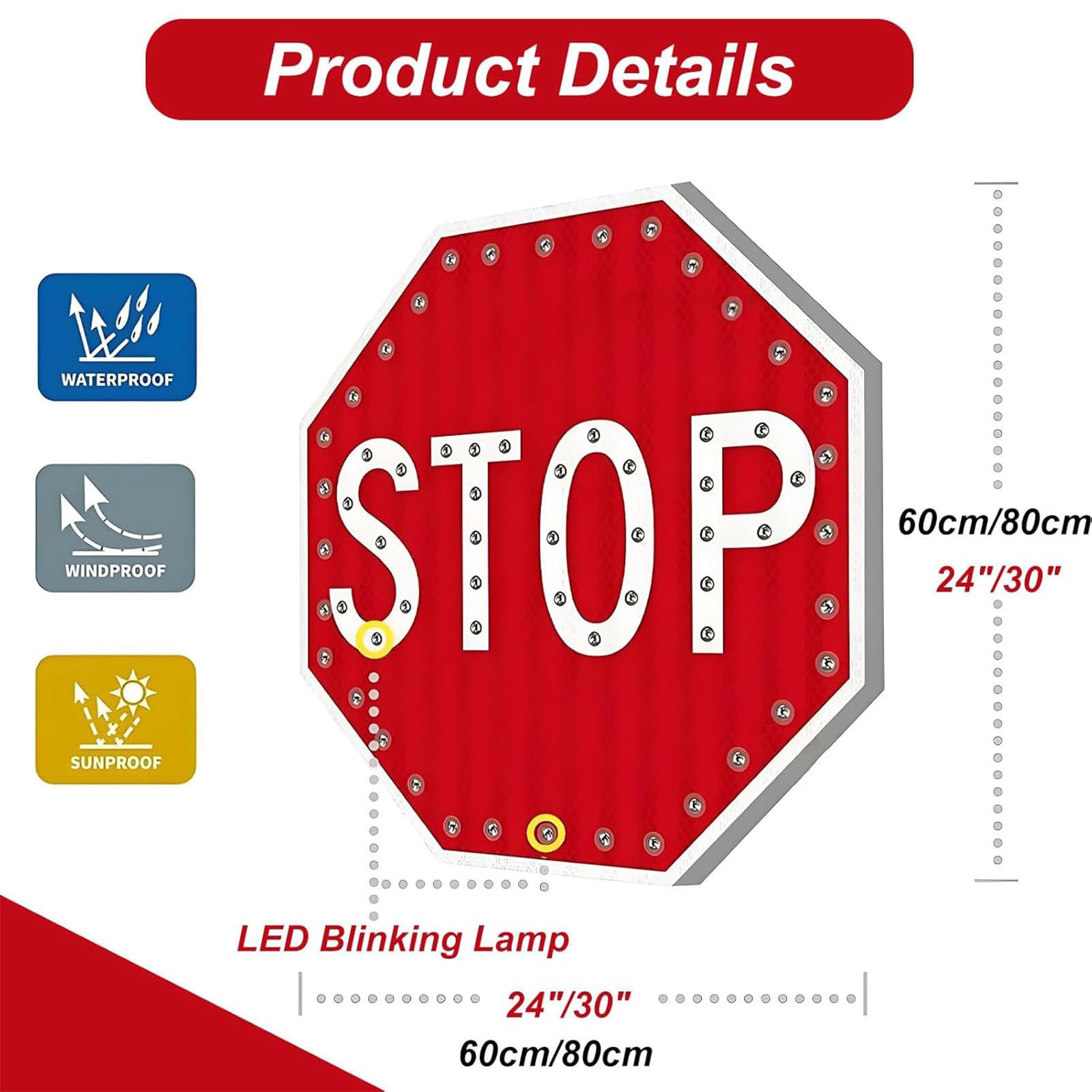 Segnale di Stop ad energia Solare, Segnale di Stop Lampeggiante a LED, segnaletica di Avvertimento per Il Traffico pedonale in Alluminio, Pellicola Riflettente di qualità Tecnica 30in