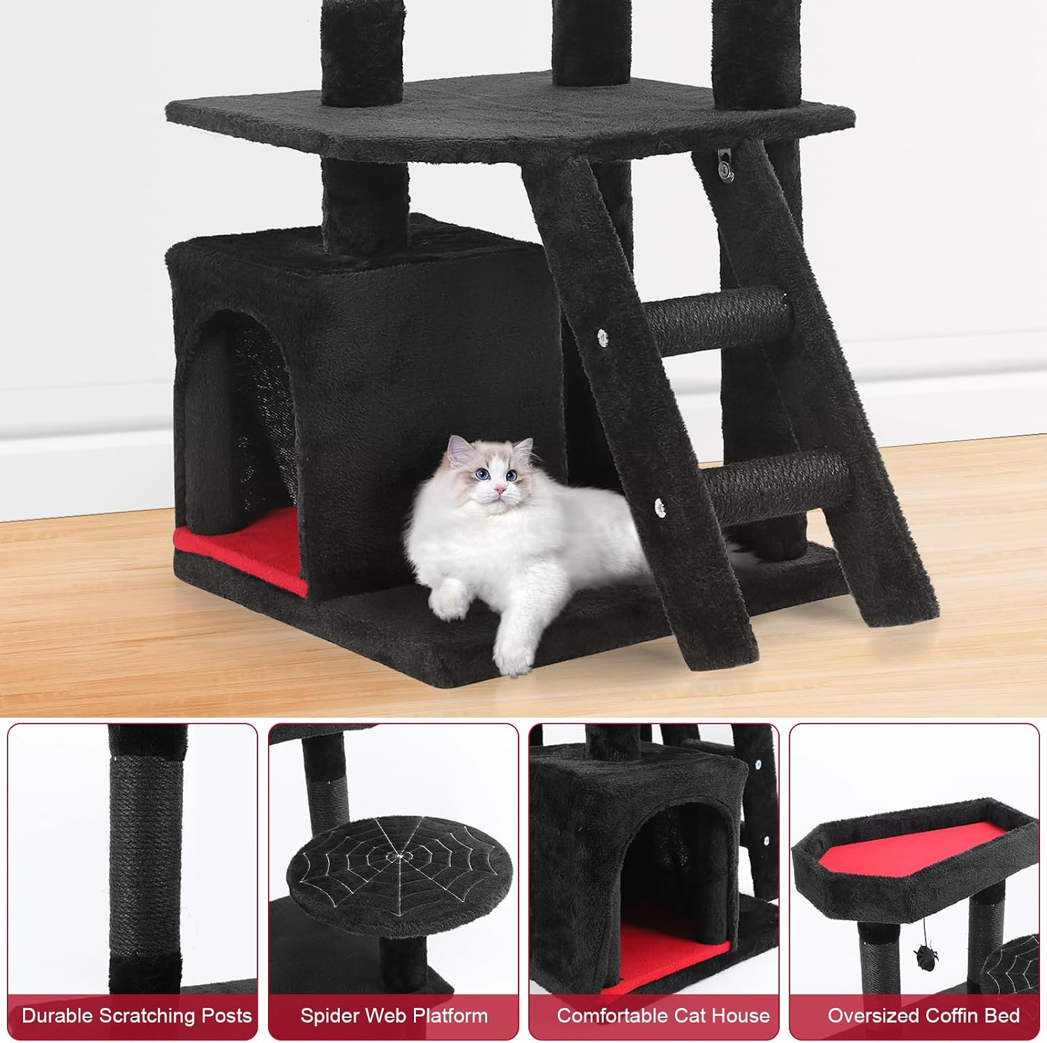 review Gothic Cat Tree with Coffin Bed,32in Multi Level Small Cat Tree Tower for Indoor,Black Cat Tree with Spacious Cat Condo,Durable Scratching Post,Bat Hanging Toy,for Small-Medium Cats,Halloween