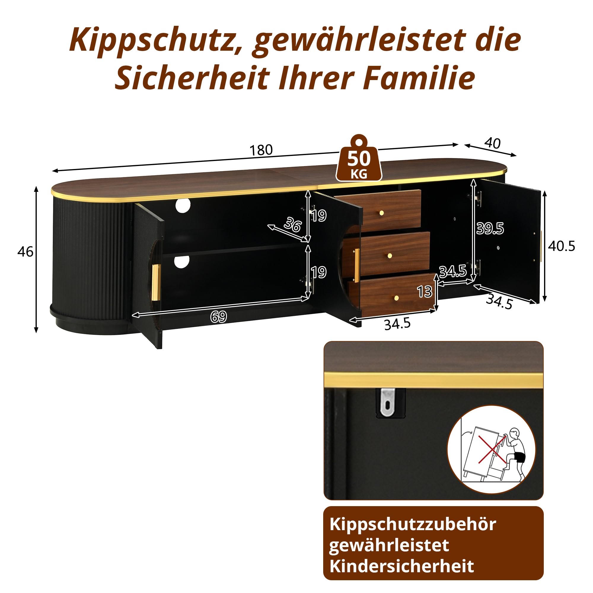 Luxusstil TV-Schrank, Lowboard, Braunes Glas, MDF-Korpus, Aluminiumgriffe, abgerundete Kanten, vertikale Rillenoptik