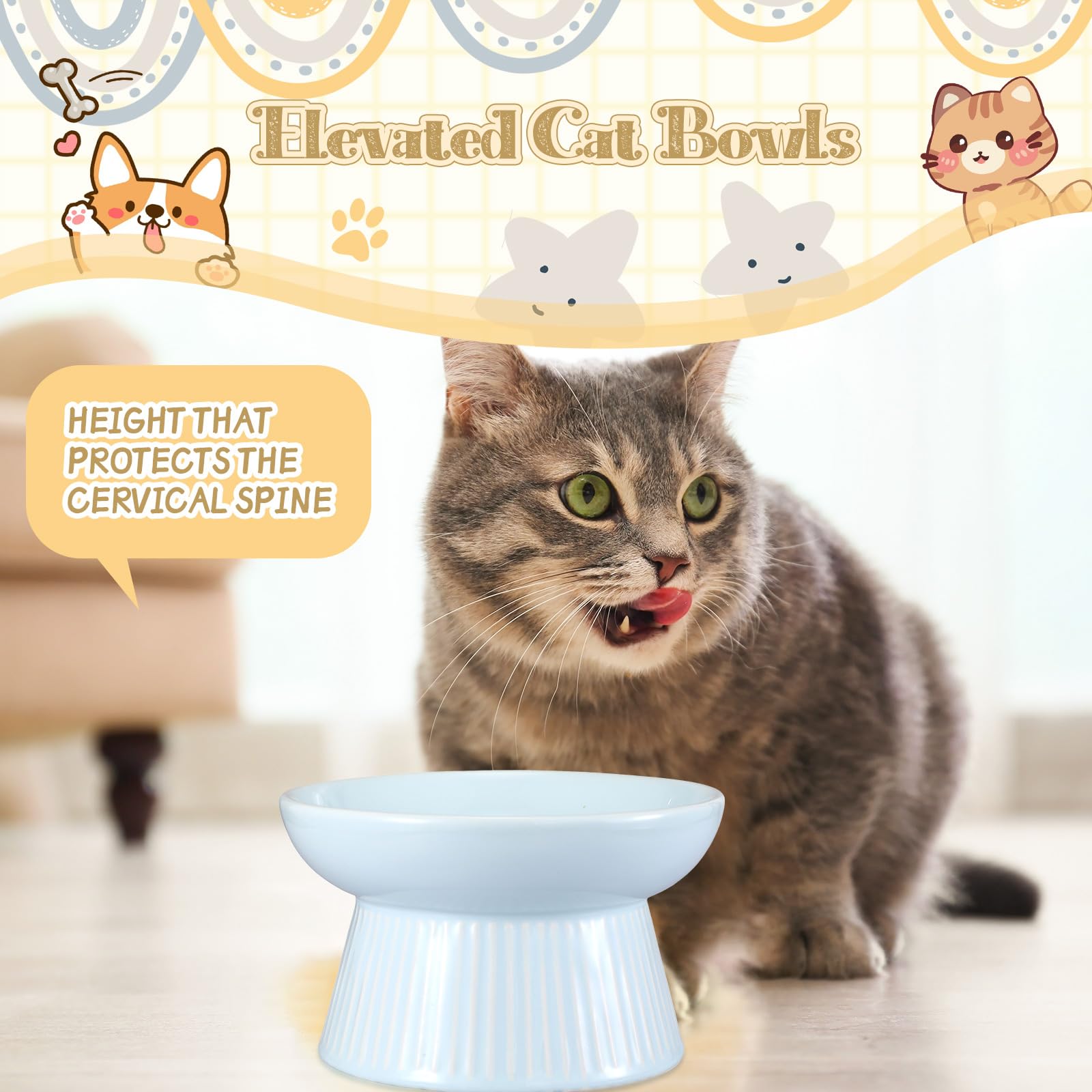 Layhit Lot de 2 gamelles surélevées en céramique pour chat - Anti-vomissements - Pour nourriture sèche et humide - Bleu, rose