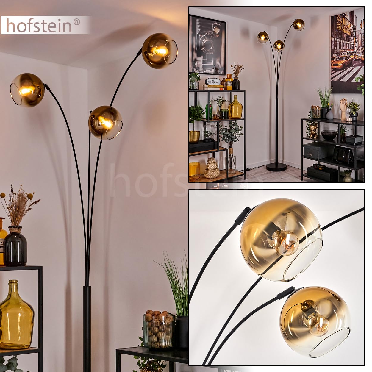 Stehleuchte Koyoto, Stehlampe aus Metall/Glas in Schwarz/Goldfarben/Klar, Leuchte im modernen Retro/Vintage-Design mit Schirmen aus Glas (Ø 15cm) u. Fußschalter, Höhe 210cm, 3 x E14, ohne Leuchtmittel