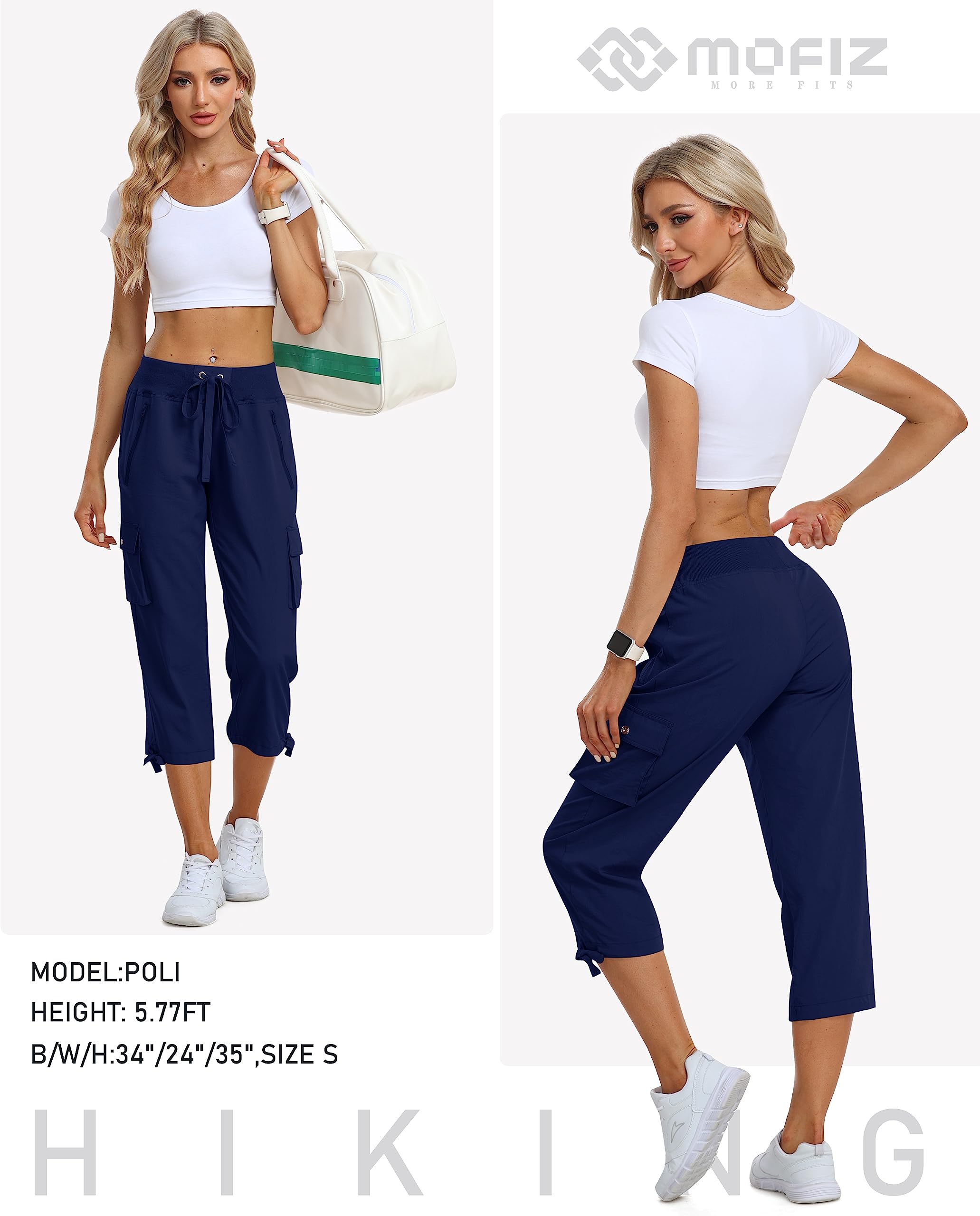 MoFiz Damen Cargohose 3/4 Lange Capri Wanderhose Atmungsaktiv mit Reißverschlusstasche