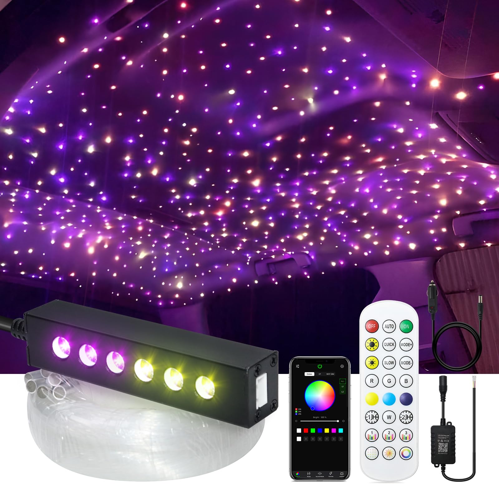 3.2W 6LEDs Meteor Starlight Headliner Kit, 300pcs 0.01in 6.56ft, RGBW Shooting Stars Fiber Optic Lights with Bluetooth APP Control for Car/Home Theater