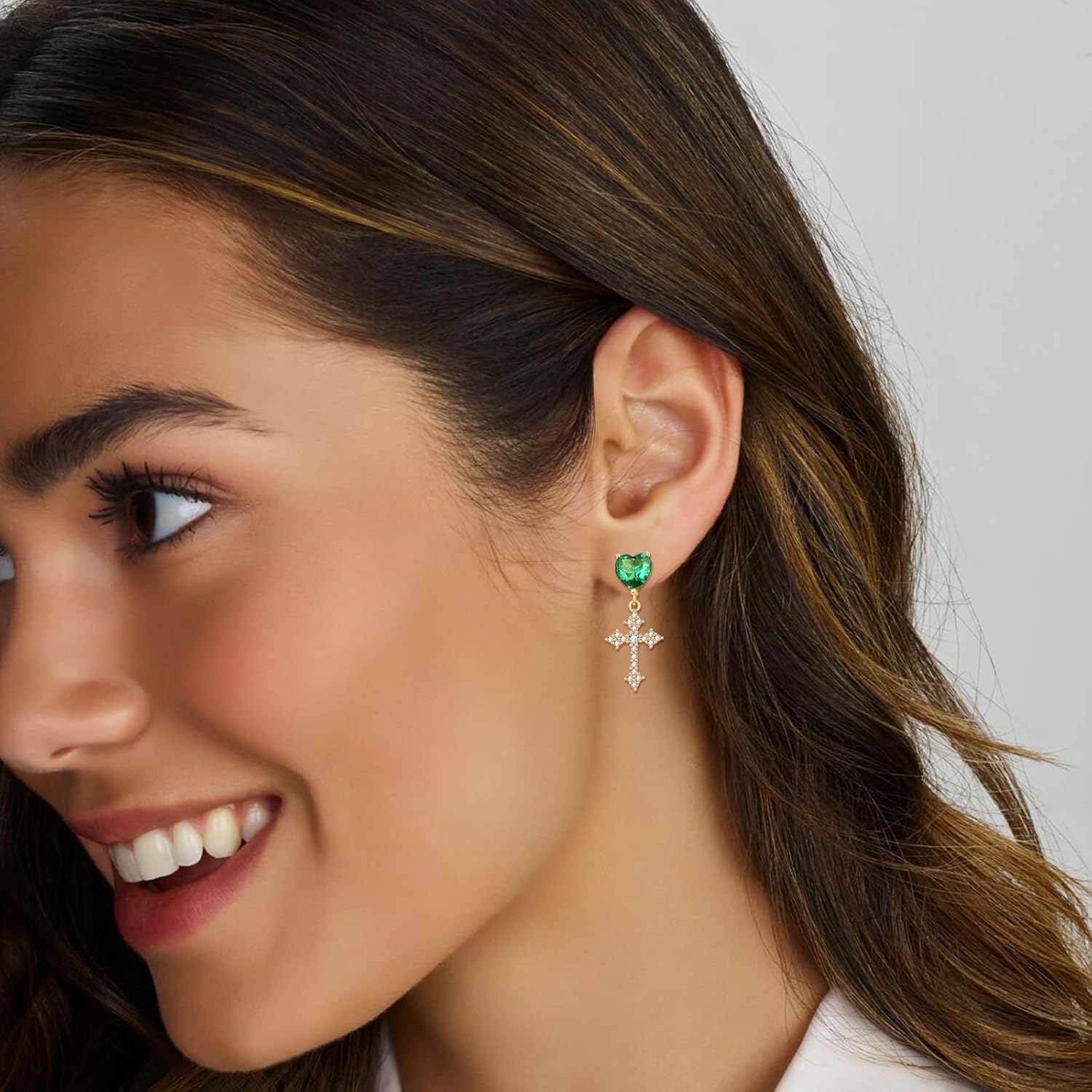 AENEAS Valentines Day Gifts for Women Cross Dangle Drop Earrings for Women Gold Plated Sterling Silver Emerald Cross Dangling Stud Earrings Green Crystal Christmas Jewelry Anniversary Christmas Birthday Gift for Wife Her Mom - Image 2