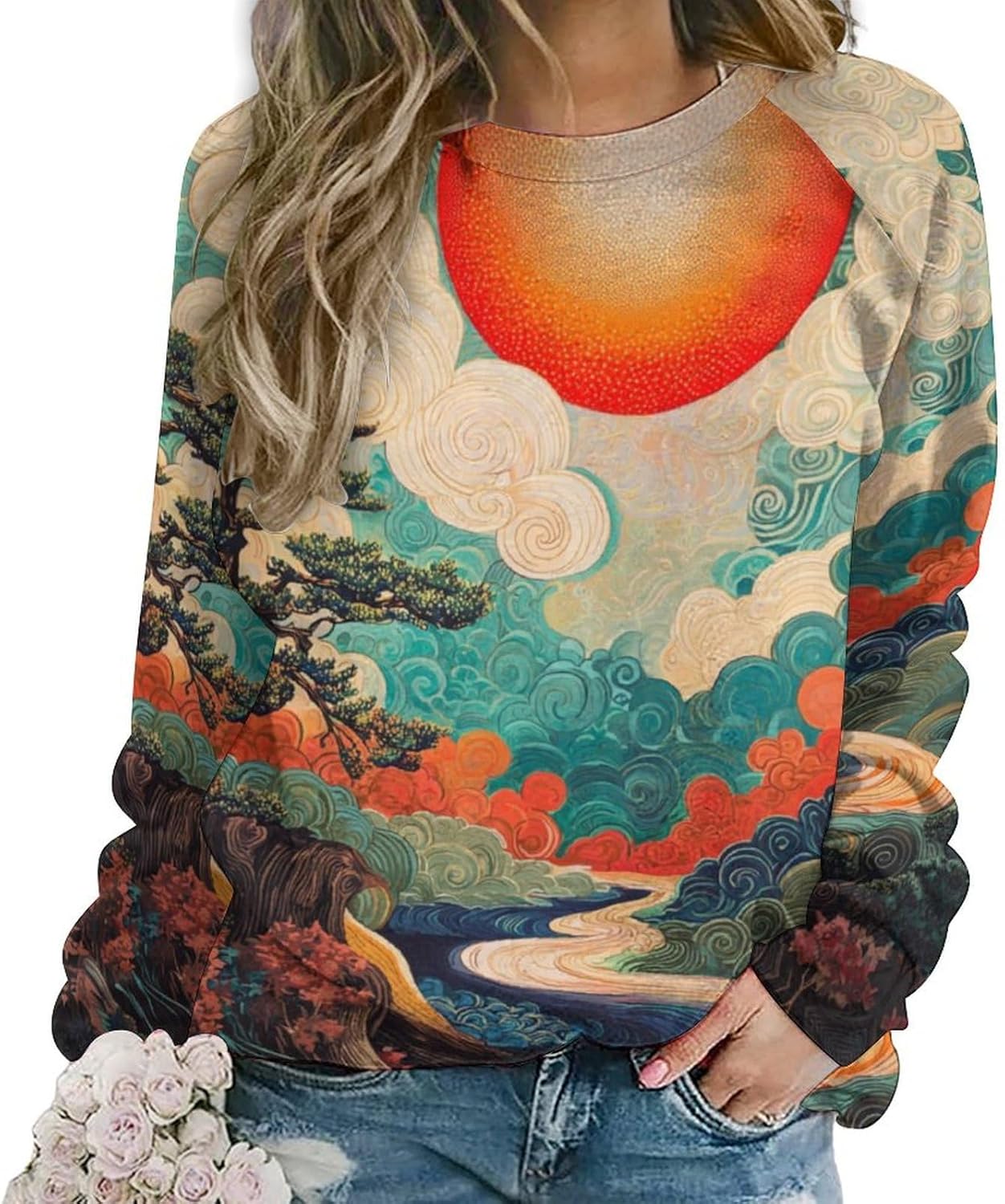 MARSVOVO Graphic Sweatshirts for Women Crewneck Long Sleeve Chinese Ink Painting Print Pullover Fall Tunic Sweatshirts