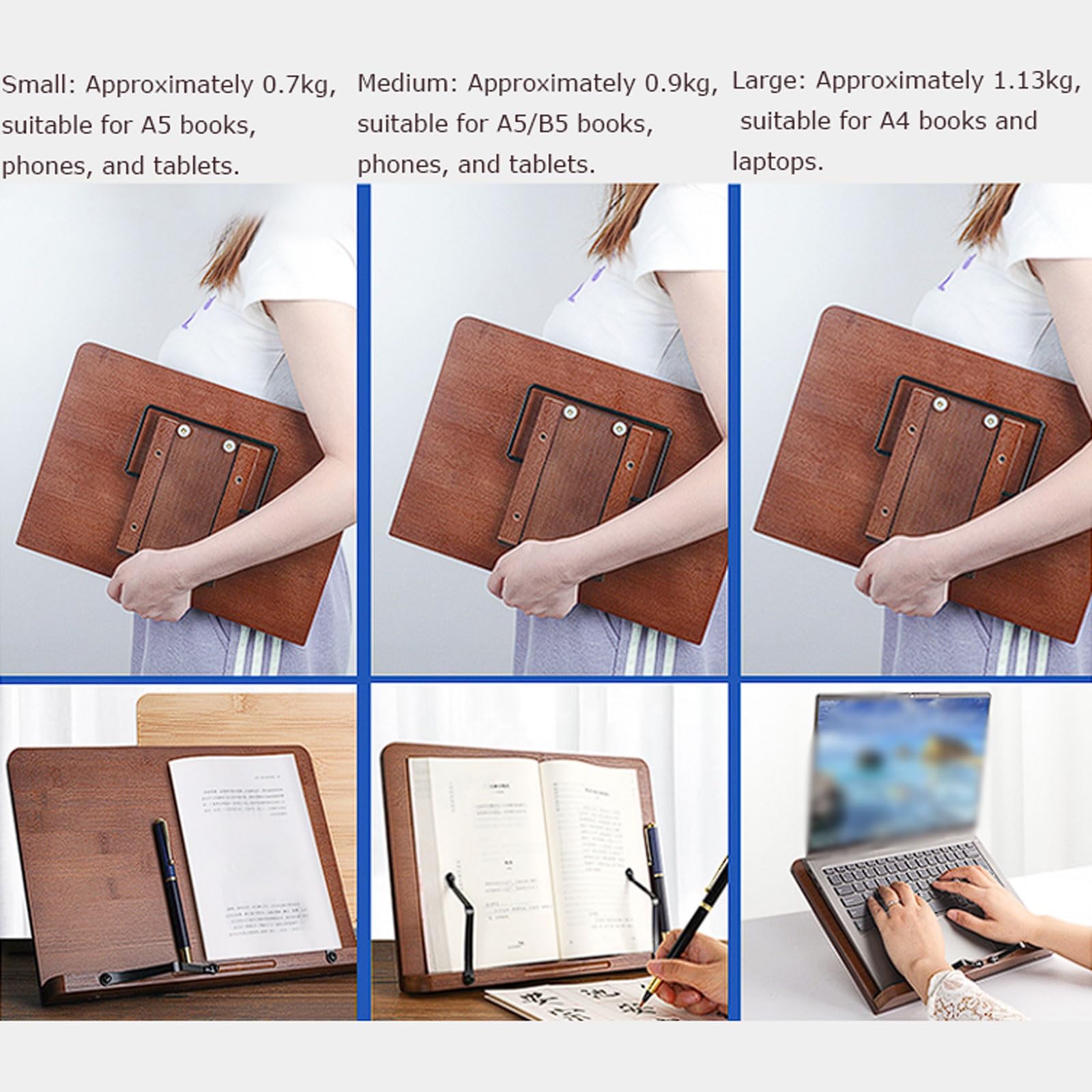 Support de lecture réglable en bambou, support livre à 6 positions for ordinateurs portables, tablettes et livres, bureau pliable for étudiants Livre de cuisine(Brown,Petit)
