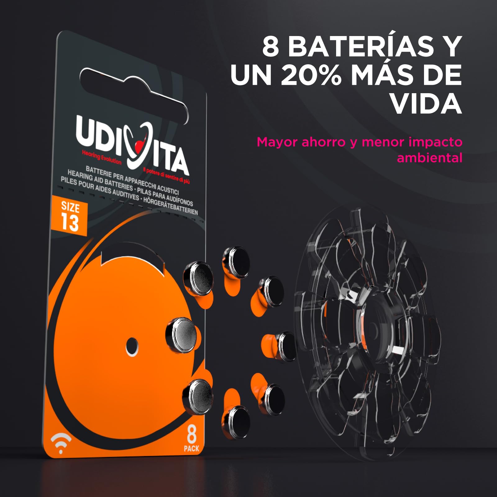 80 Pilas para Audífonos Tamaño 13 Udivita PR48 (Naranja) Zinc-Aire con Tecnología Phono Pulse - 10 Blísteres de 8 Pilas
