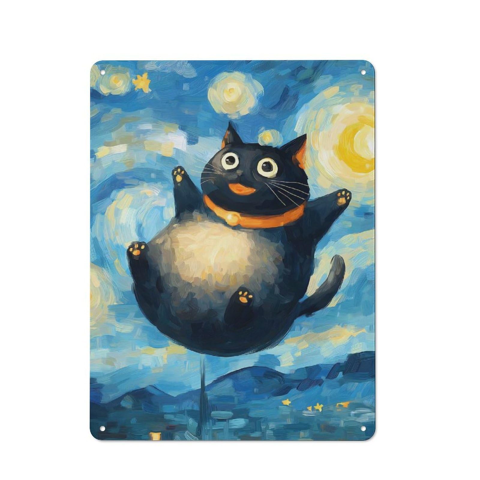 Junmoney Style-16 Tin Sign With Flying Cat In Starry Night Style Design 40X30cm, Vintage Workshop Wall Decor For Tool Room, Garage, Studio Or Home Bar