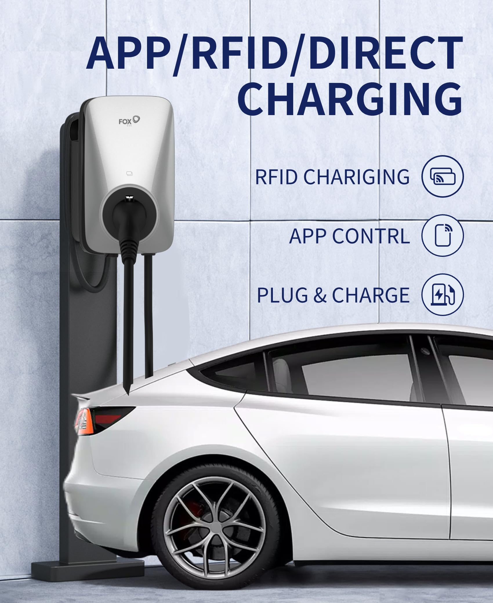 FOXESS Wallbox Tipo 2 7.3kW 32A con controllo Smart App, compatibile con WiFi e Bluetooth, adatta per tutti i veicoli elettrici, argento