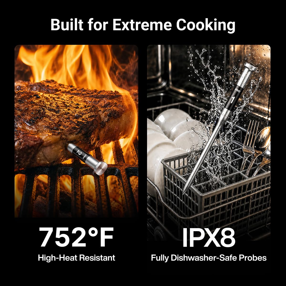 ThermoMaven 3000FT Smart Wireless Fleischthermometer, Sub-1G Langstrecke, 6 Sensoren (NIST genau), 2 dünne Sonden, Basisstation mit LCD, für Grill, BBQ, Ofen, Räucherofen (Schwarz)