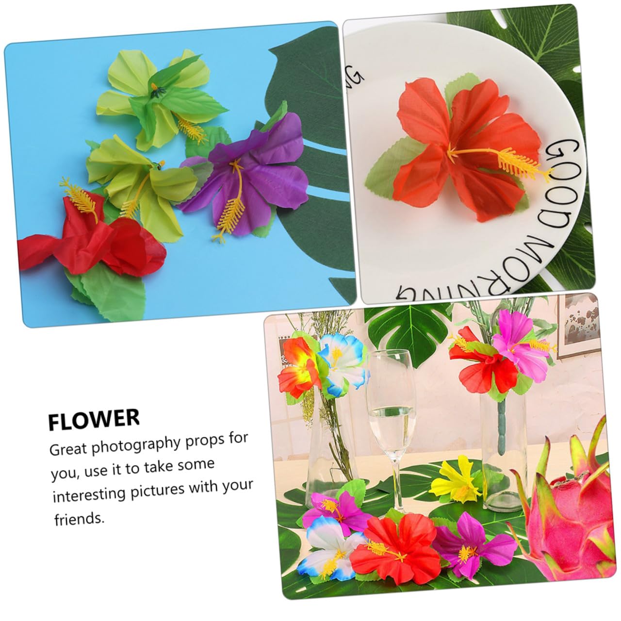 Tofficu 72 Stück Künstliche Tropische Blumen mit Blütenköpfen für Bastelarbeiten und Hawaii Kunstblumen als Sommerfest Dekoration und Fotorequisiten aus Stoff Zufällige Farbe