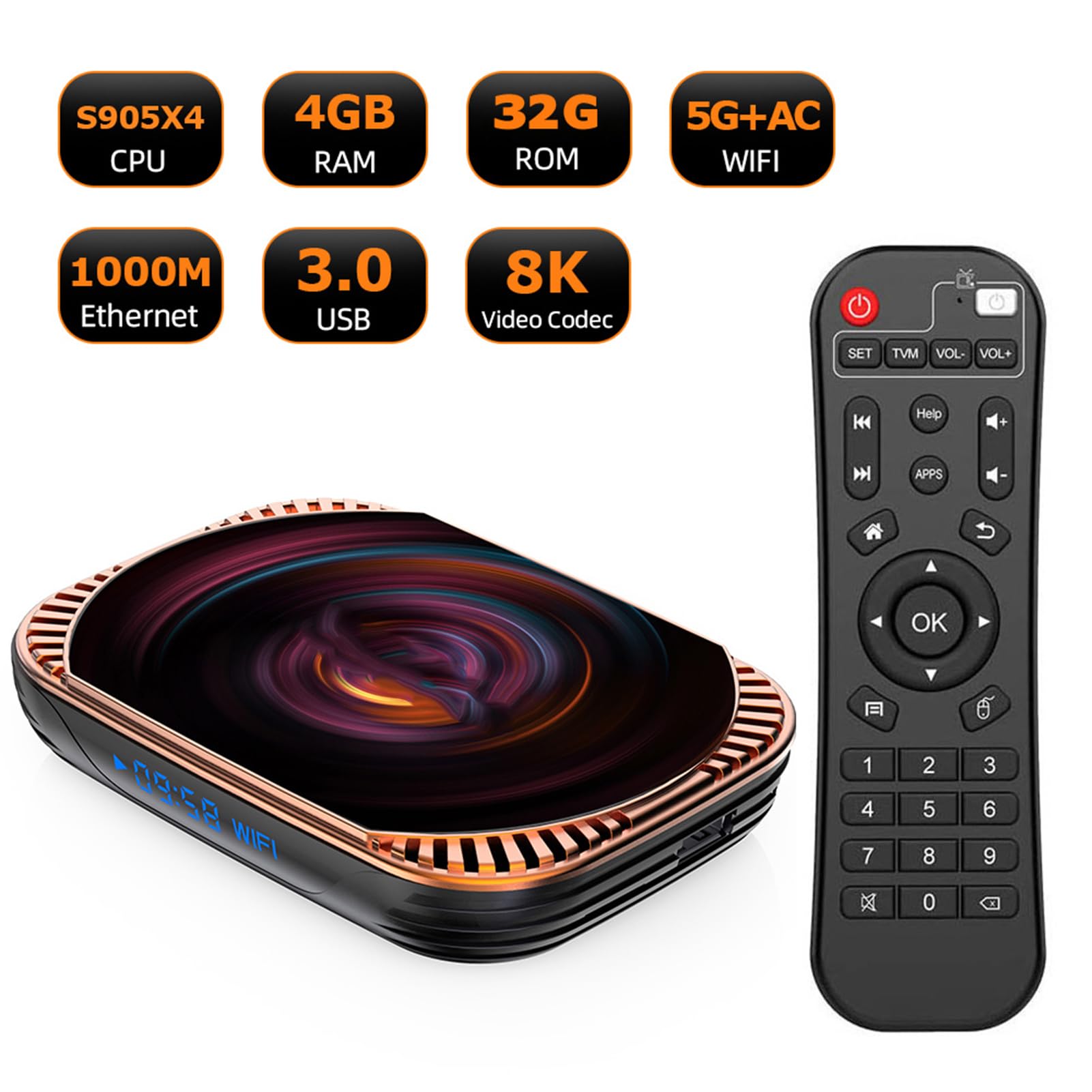 Domary TV Box 8K Processore Dual WiFi Quad Core da 4 GB RAM per Streaming | , WiFi Dual-band 2.4G/5G, RAM DDR3 da 4 GB, Decodifica Video 8K, Supporta USB 3.0 e Scheda TF